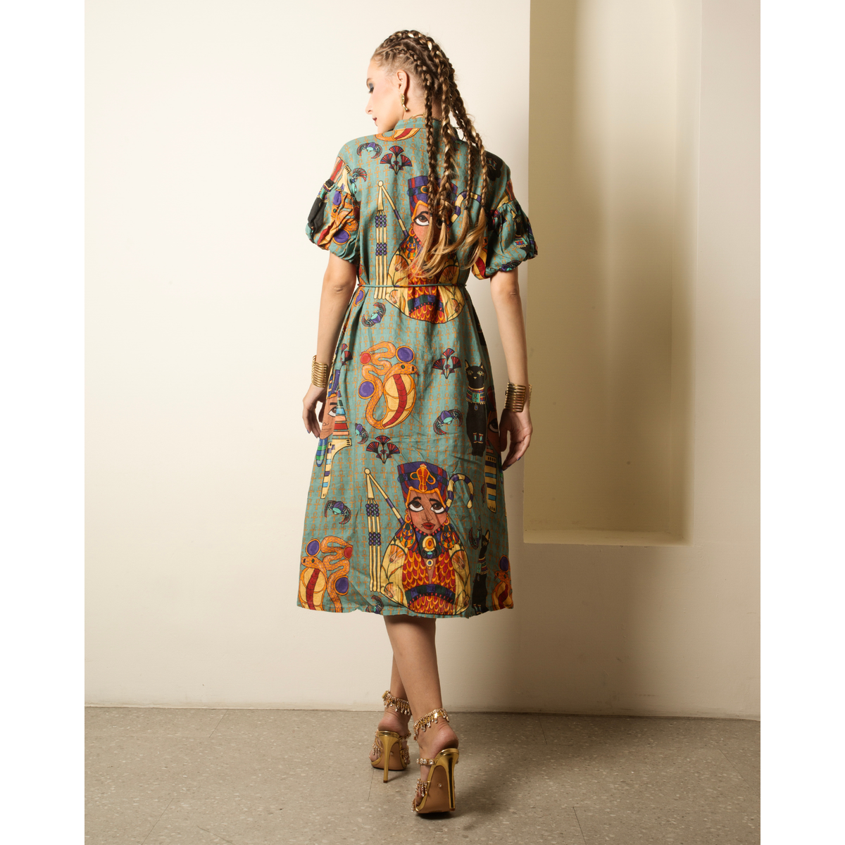 Puff Sleeve Midi Dress with Waist Tie