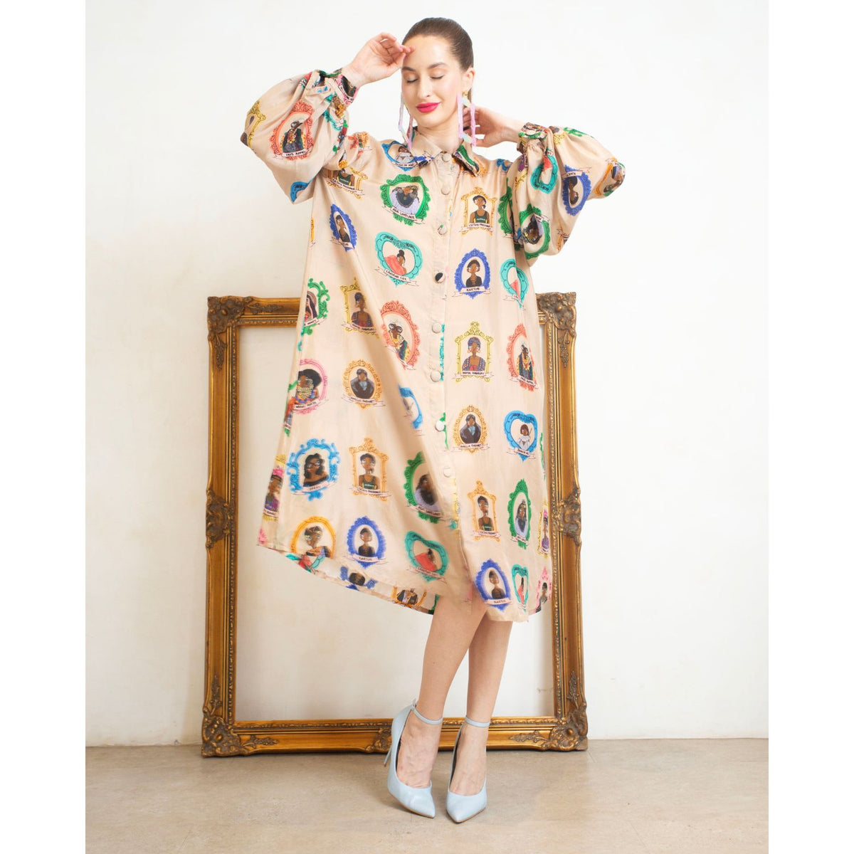 Collared Balloon Sleeve Midi Dress