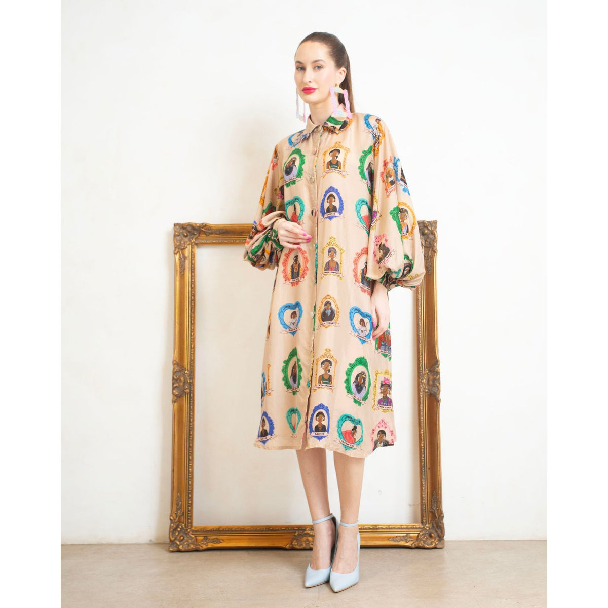 Collared Balloon Sleeve Midi Dress