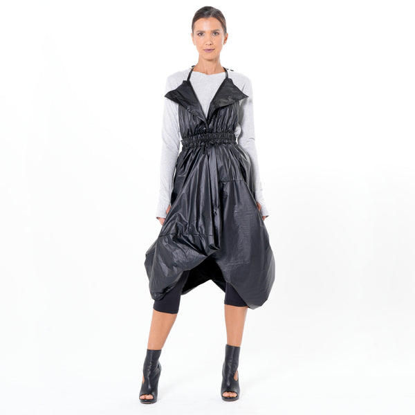 Metamorphoza - Draped Balloon Pinafore Dress in Black | Doors NYC M Metamorphoza - Draped Balloon Pinafore Dress in Black | Doors NYC M