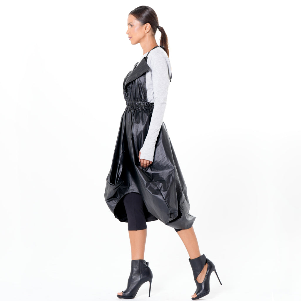 Metamorphoza - Draped Balloon Pinafore Dress in Black | Doors NYC M Metamorphoza - Draped Balloon Pinafore Dress in Black | Doors NYC M