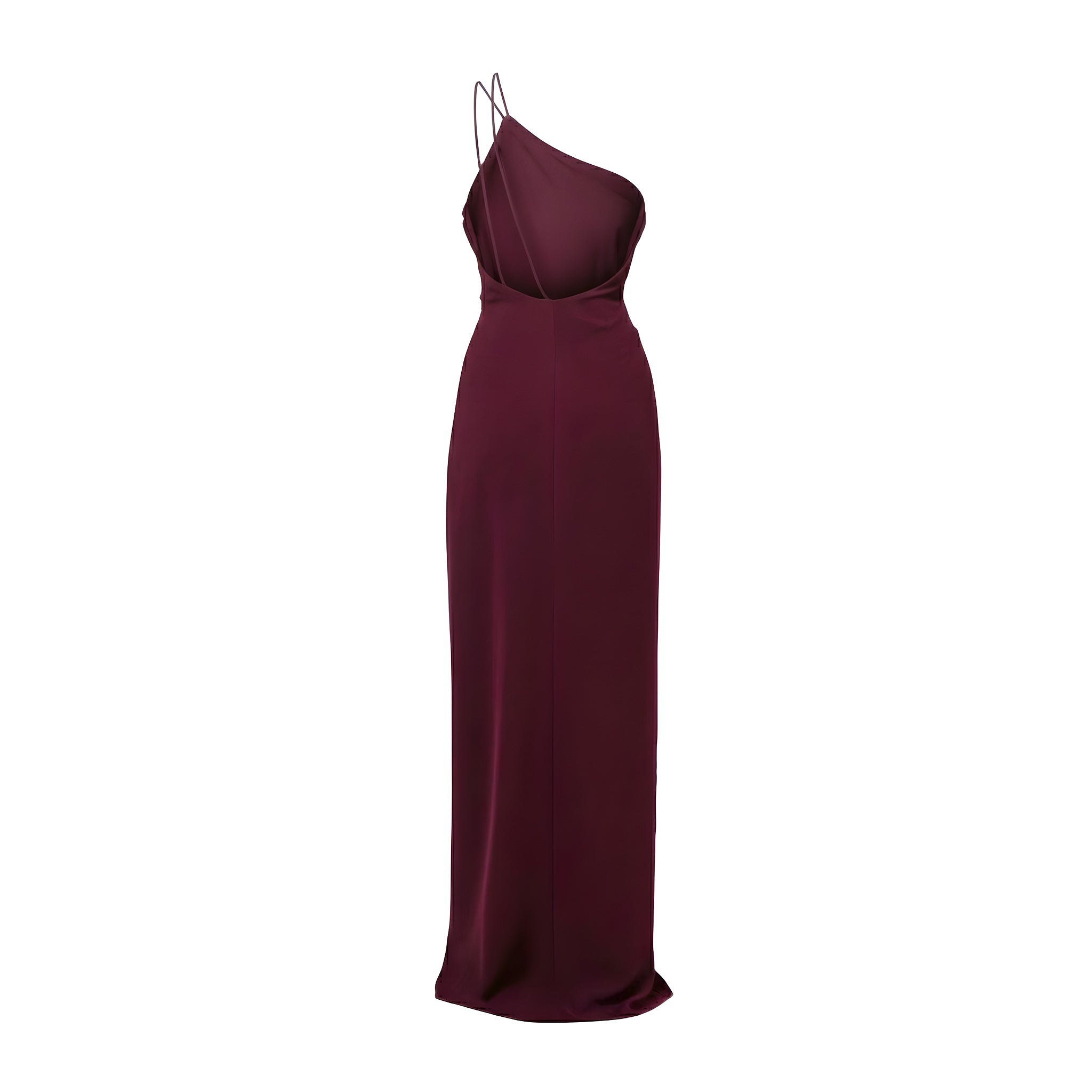 Maroon one-shoulder evening gown on a white background
