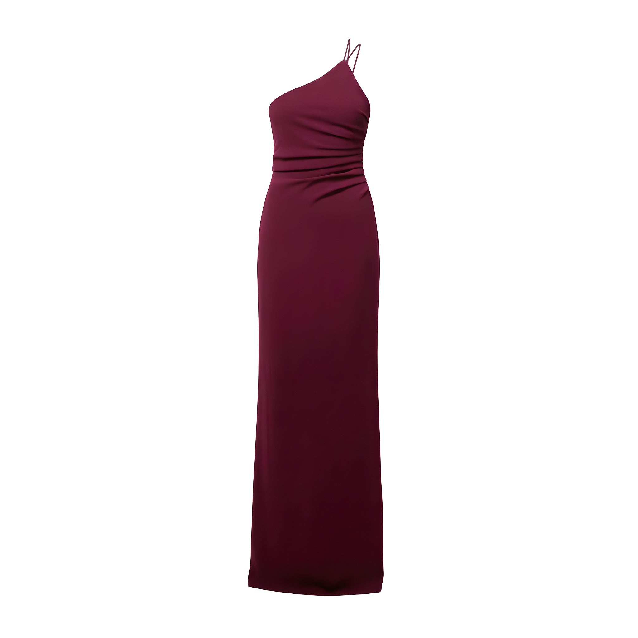 Maroon one-shoulder evening gown on a white background