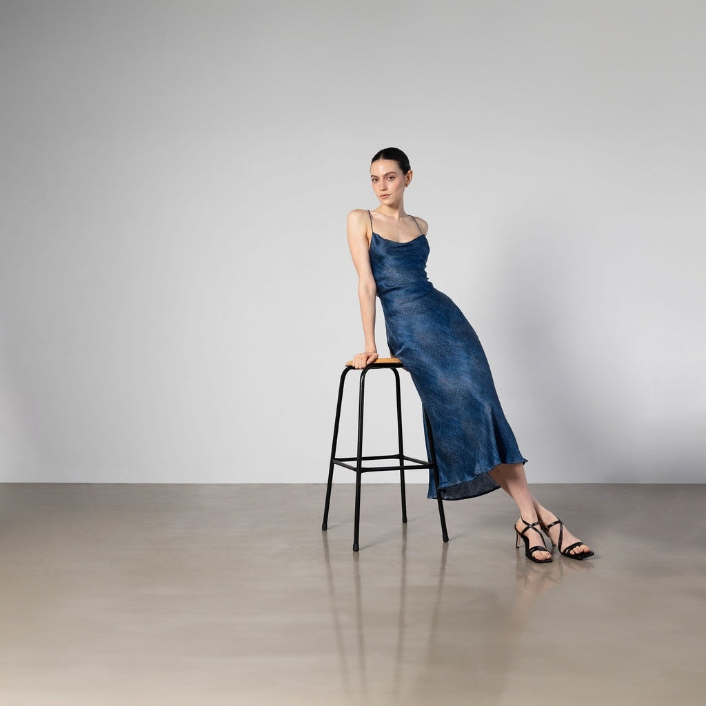 Denim Print Silk Slip Dress with Cowl Neck