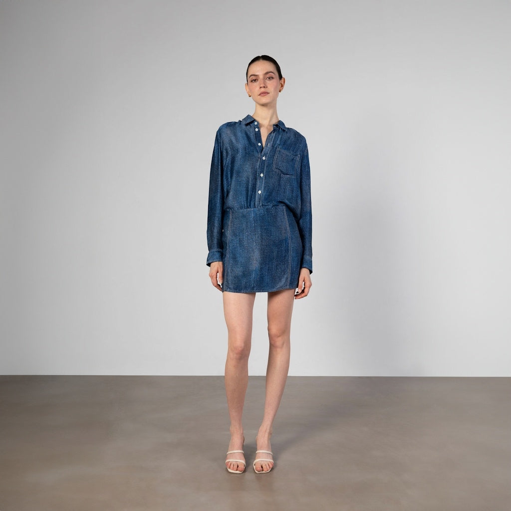 Denim Print Silk Shirt with Contrast Stitching