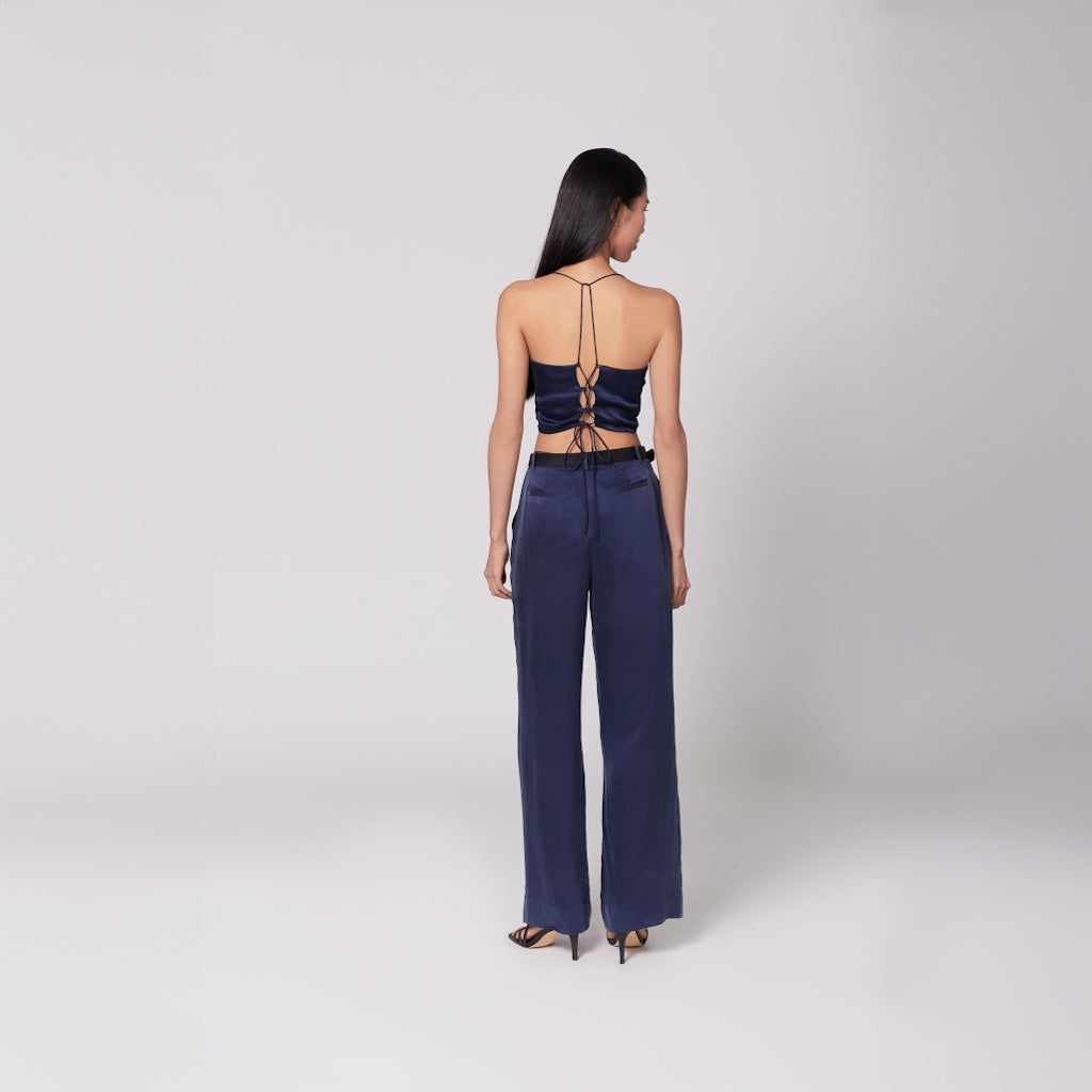 Dark Navy Silk Wide-Leg Pants with Tapered Waist