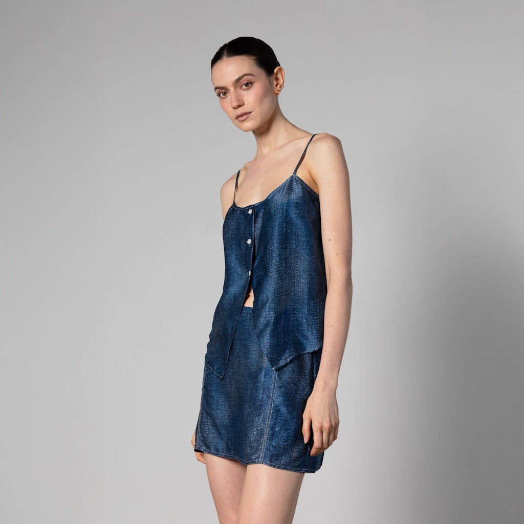 Dark Denim Wash Silk Camisole with Cut-Out Drape