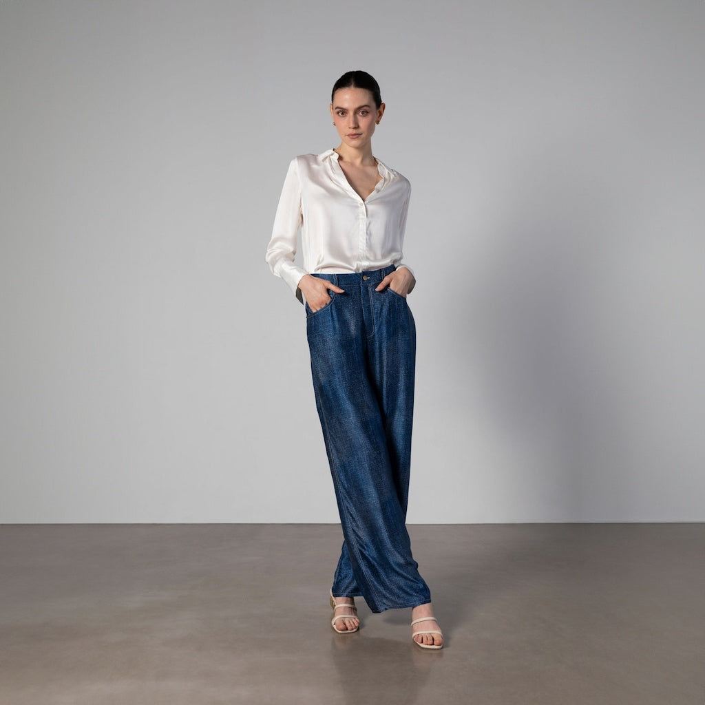 Silk Wide-Leg Jeans with Contrast Stitching