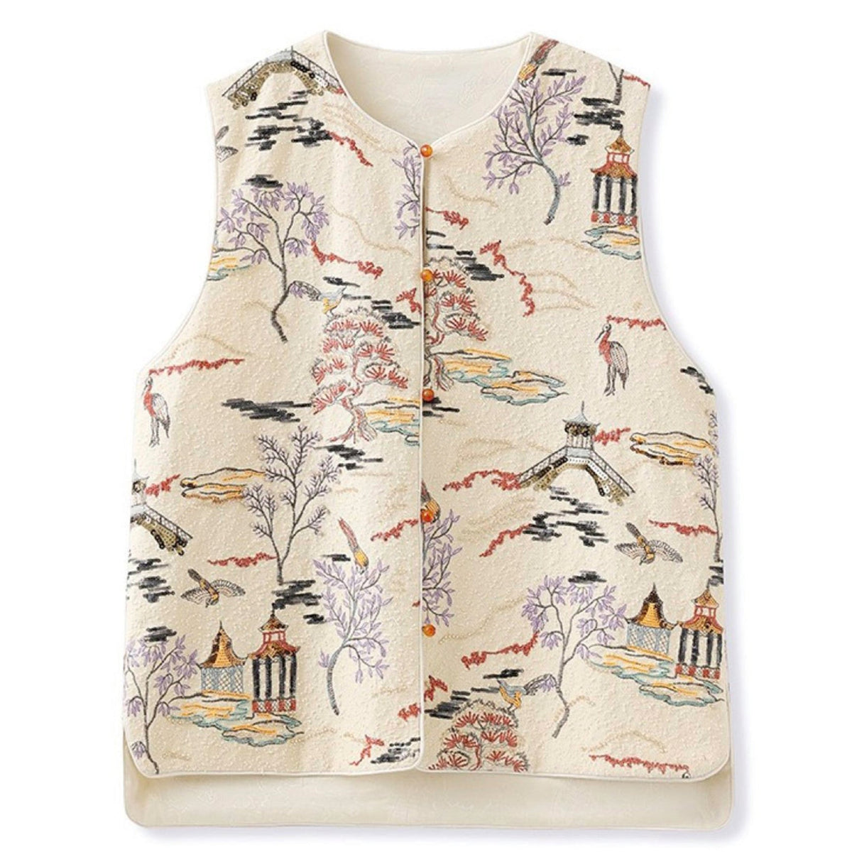 Decorative vest with a nature-themed pattern on a white background