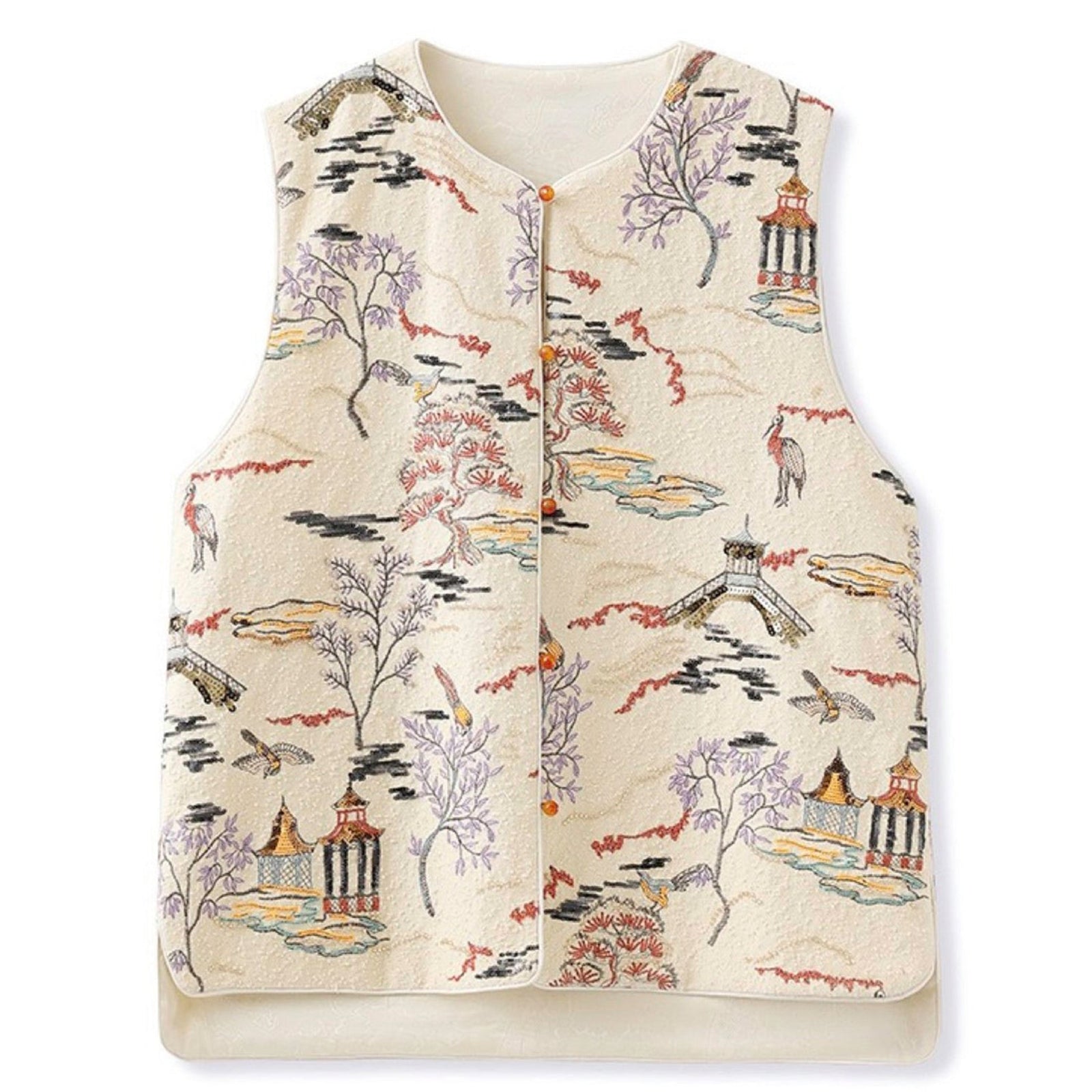 Decorative vest with a nature-themed pattern on a white background