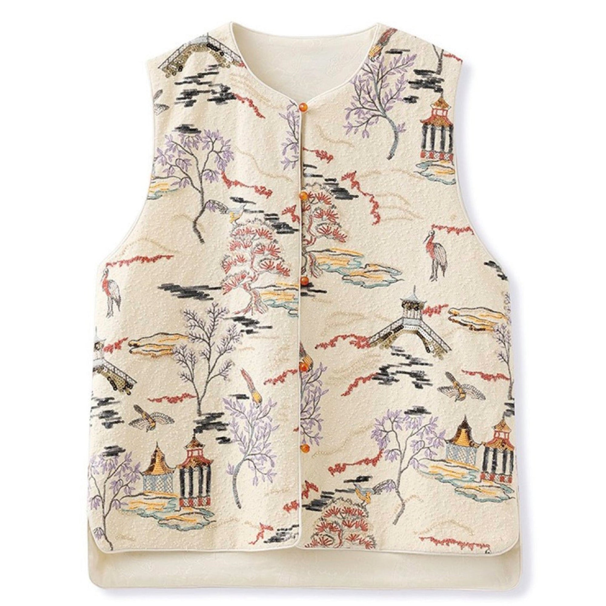 Decorative vest with a nature-themed pattern on a white background