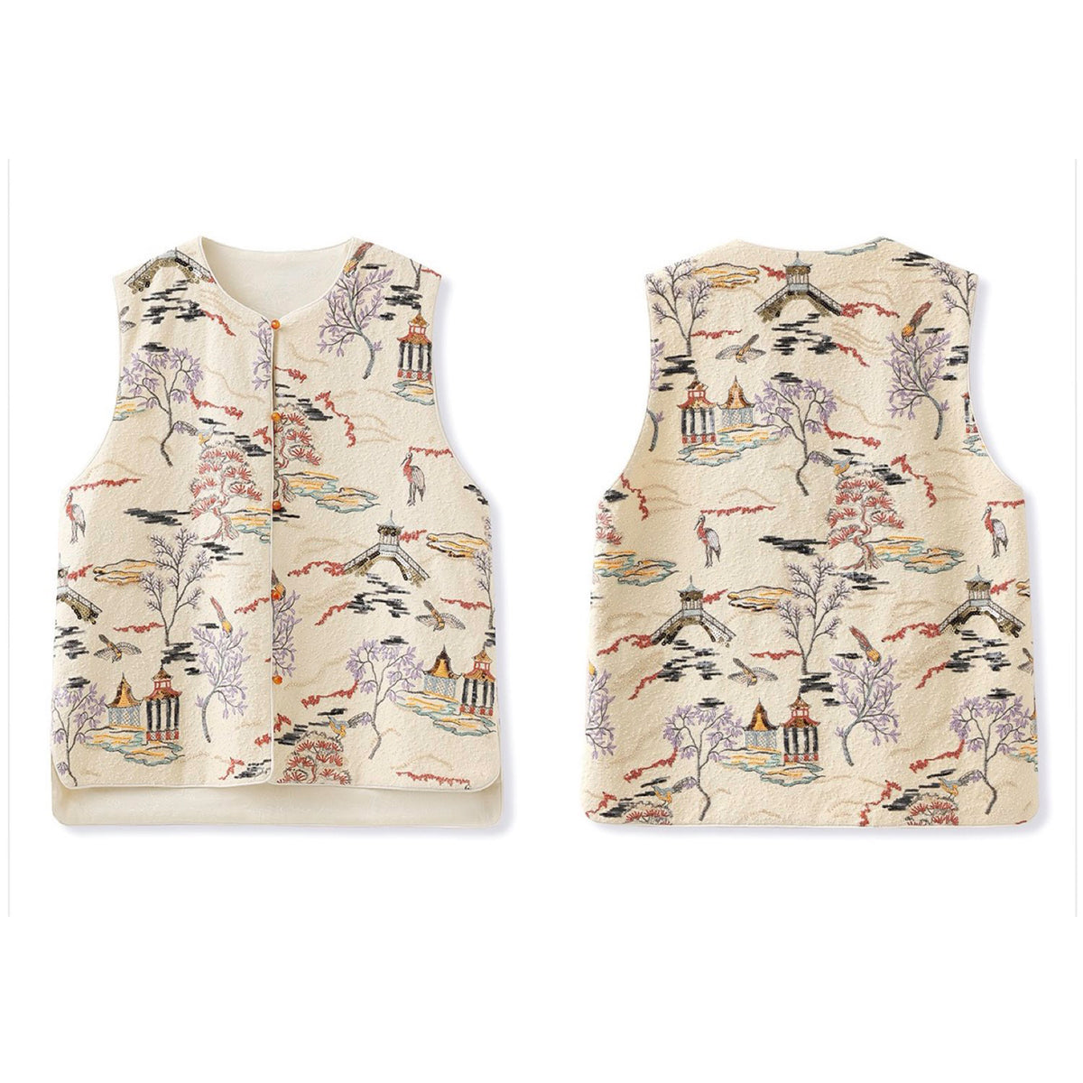 Two patterned vests on a white background