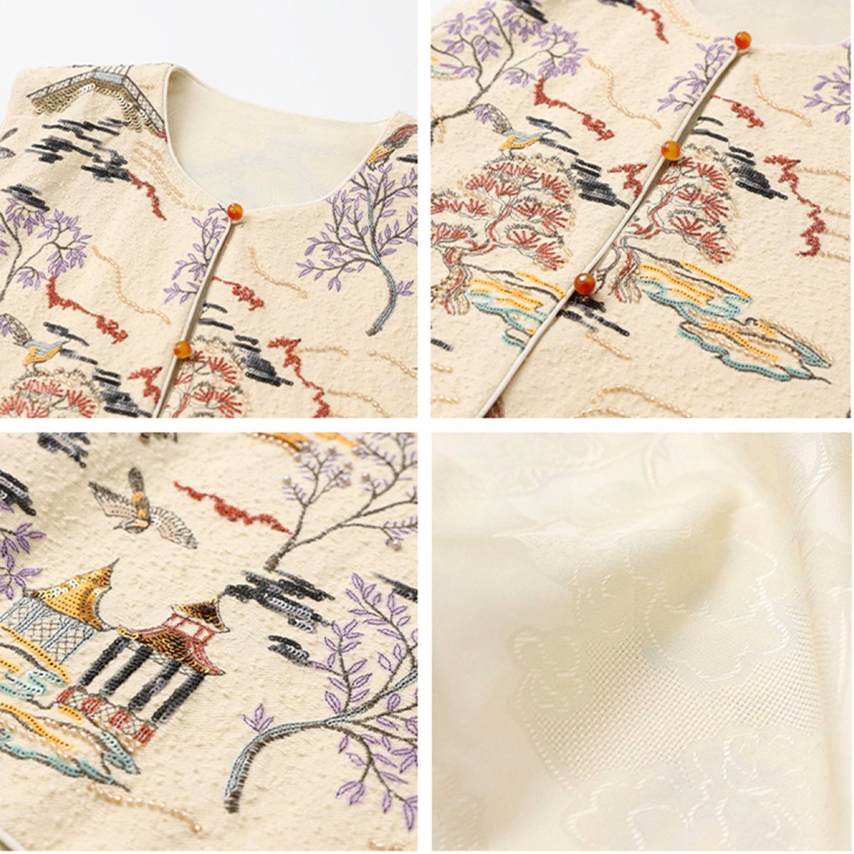 Collage of embroidered fabric with floral and landscape patterns on a beige background.