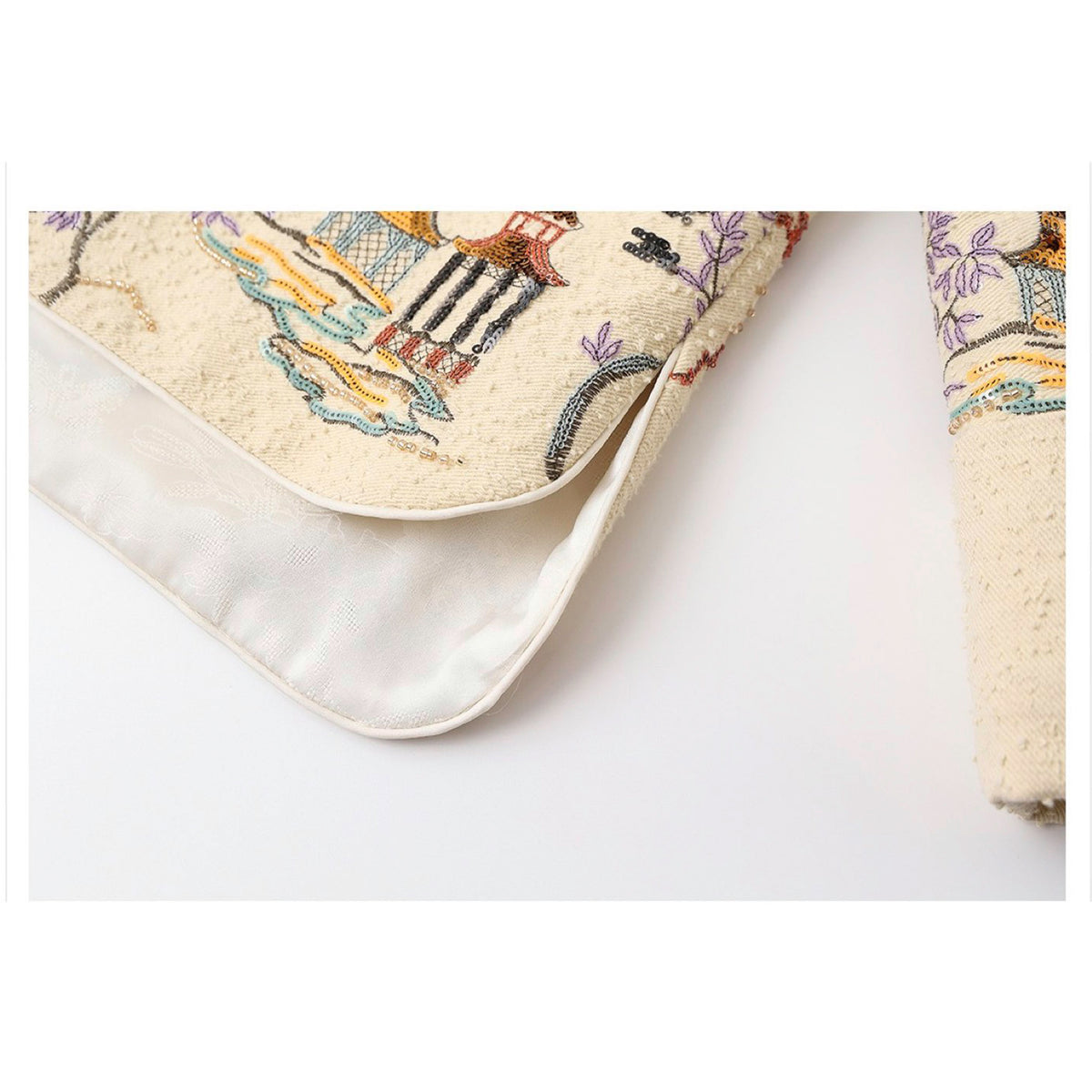 Embroidered fabric with intricate patterns on a white background