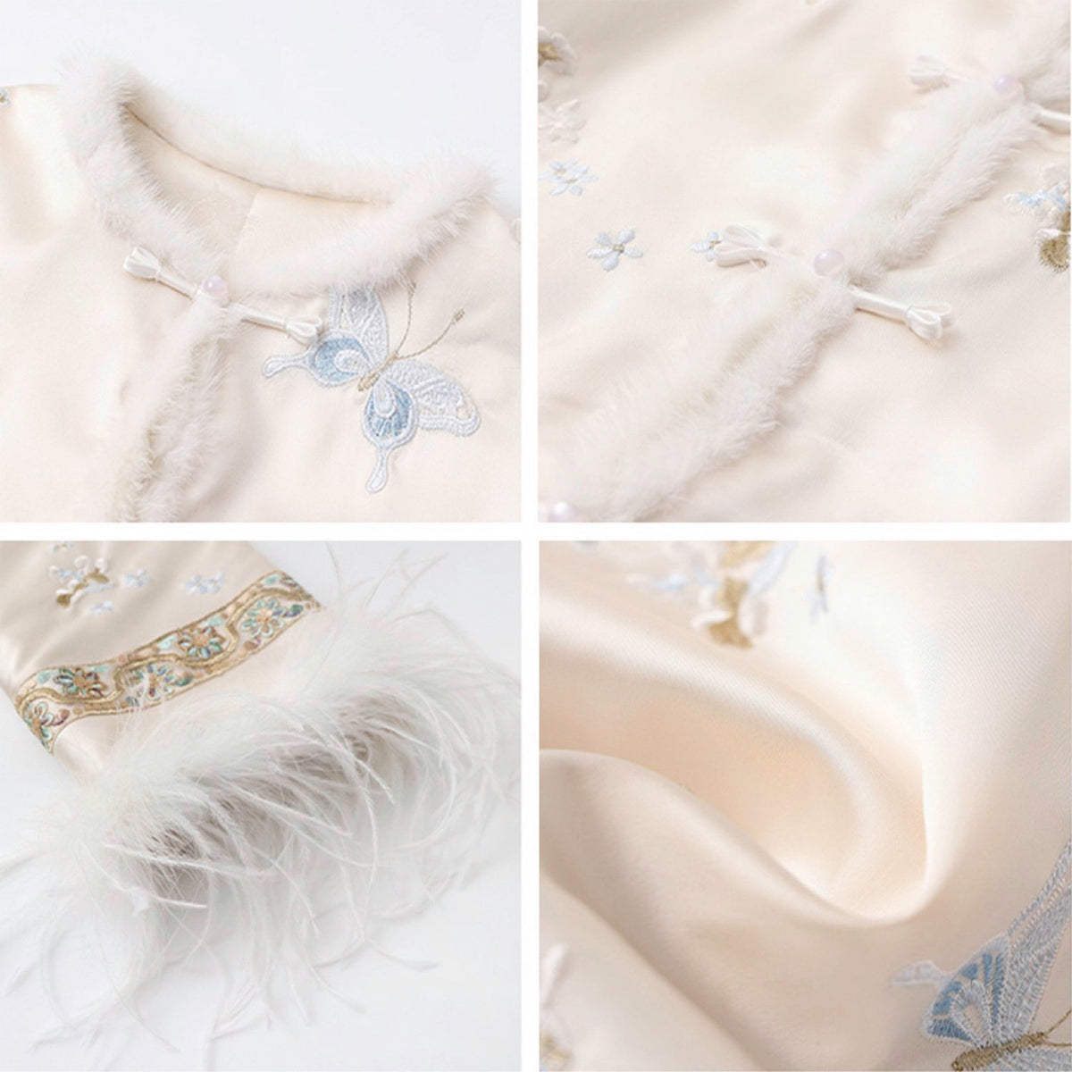 Collage of close-up details of a white fabric with embroidery and feather accents.
