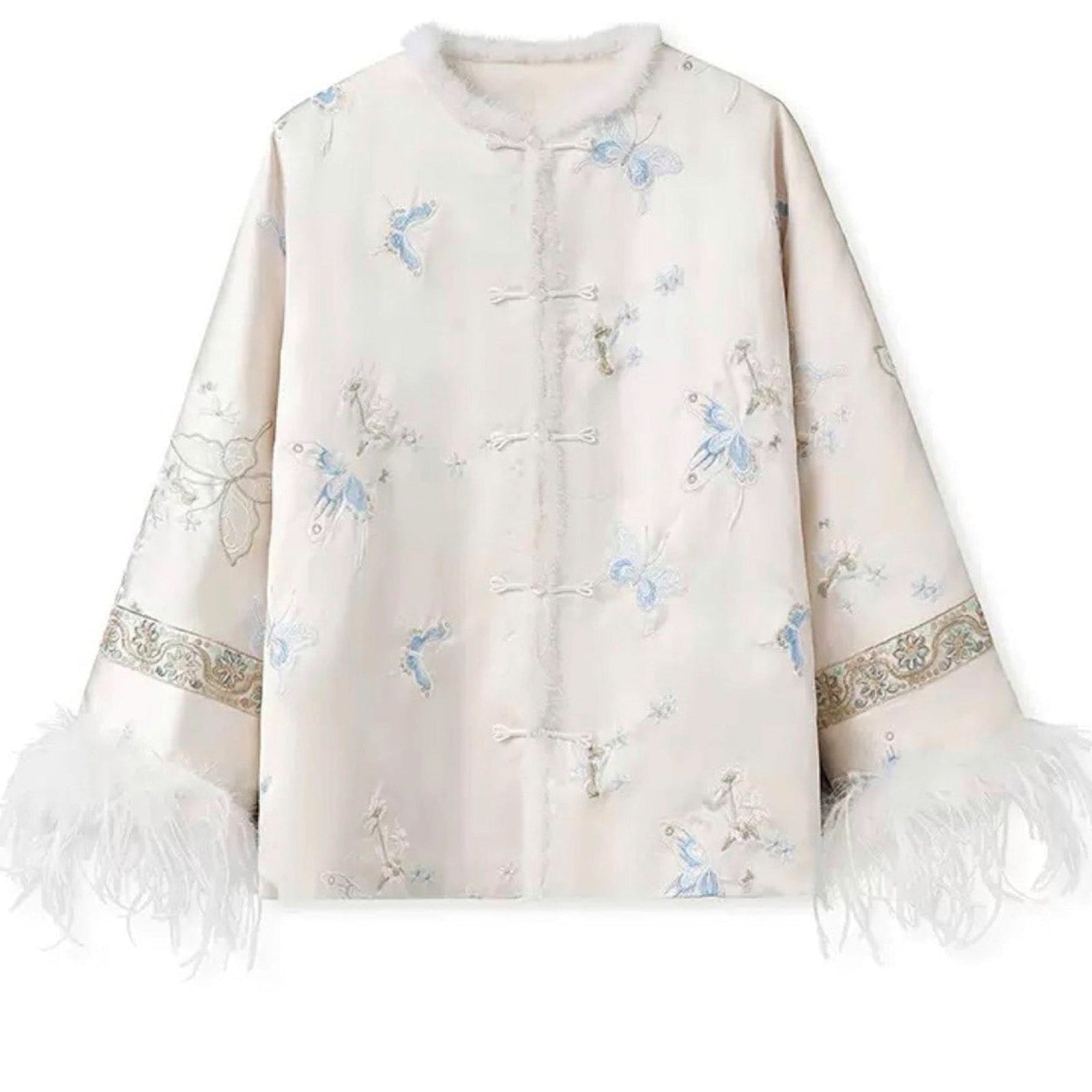 White embroidered jacket with feather details on a white background