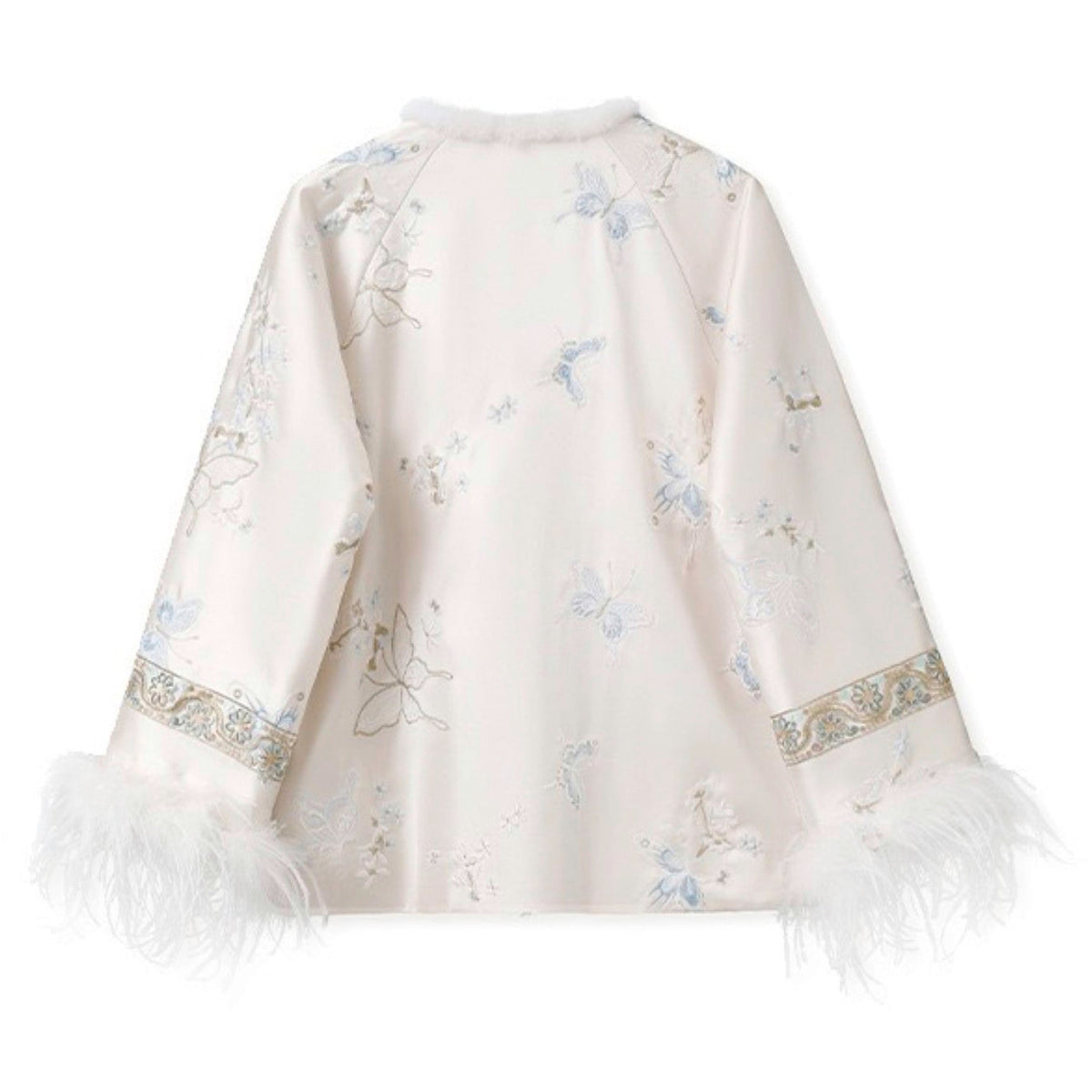 White garment with floral embroidery and feather details on a white background