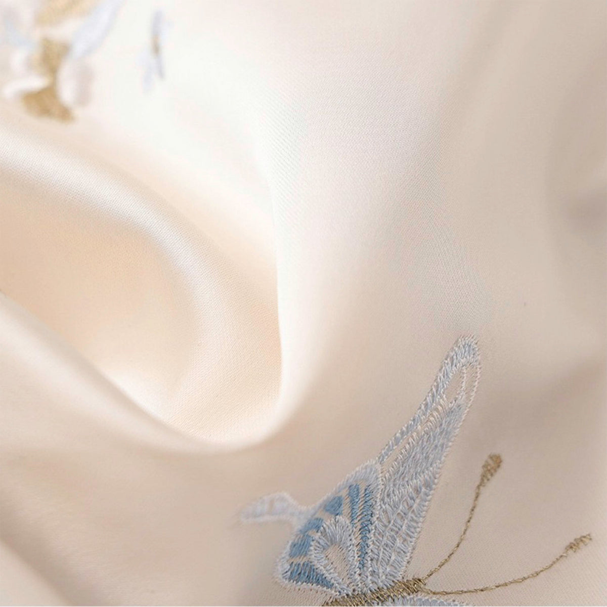 Close-up of embroidered fabric with floral design on a beige background