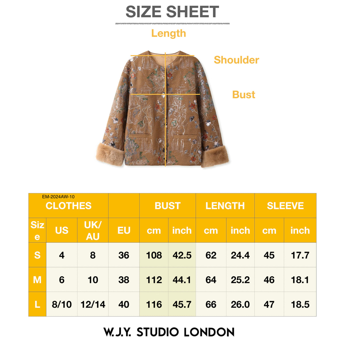 Size chart for a coat with measurements labeled, featuring W.J.Y. Studio London branding.