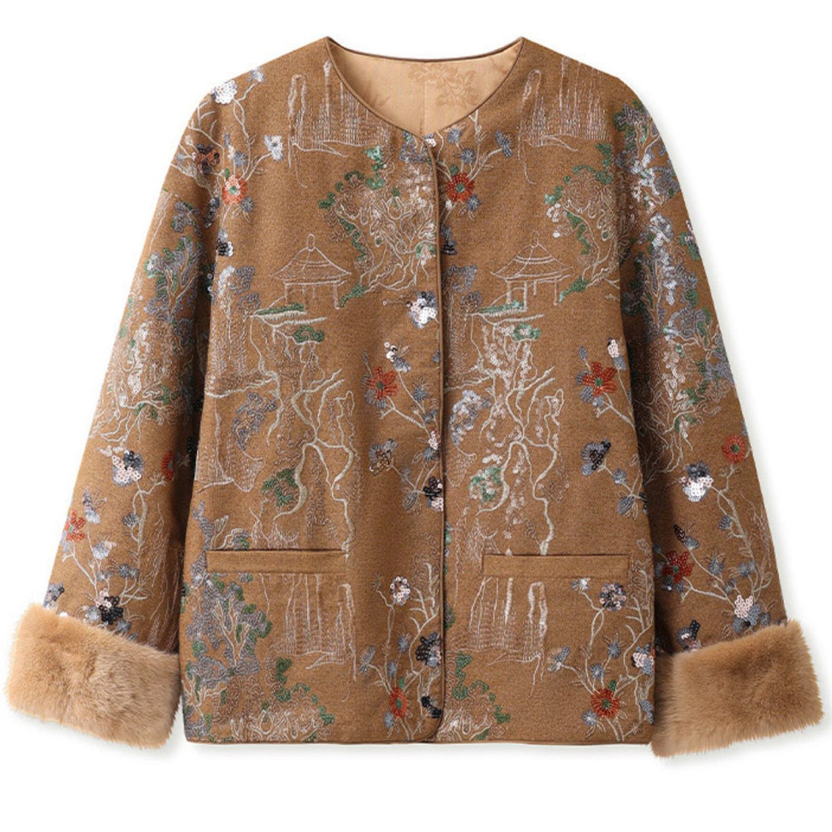 Brown embroidered jacket with fur trim on a white background