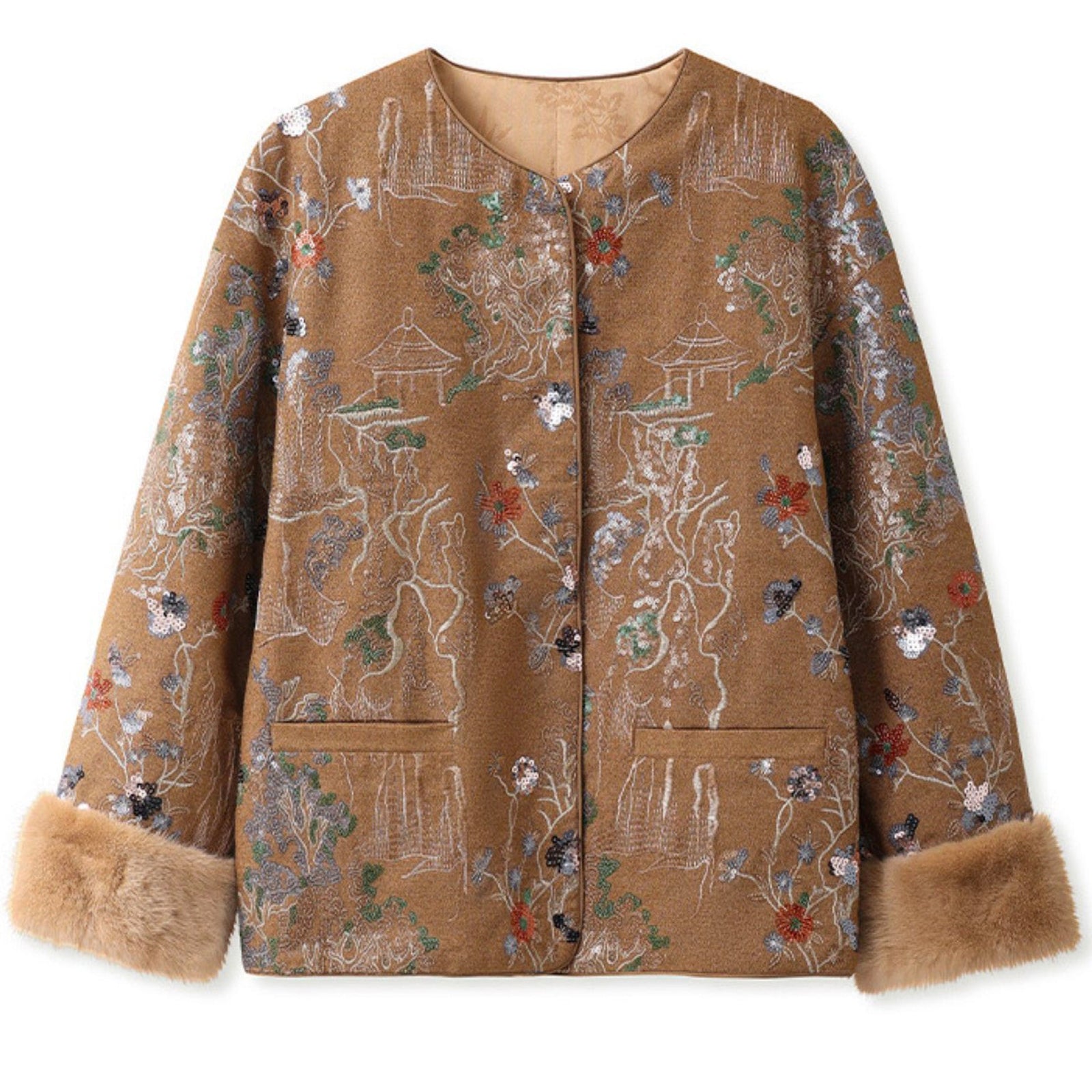 Brown embroidered jacket with fur trim on a white background