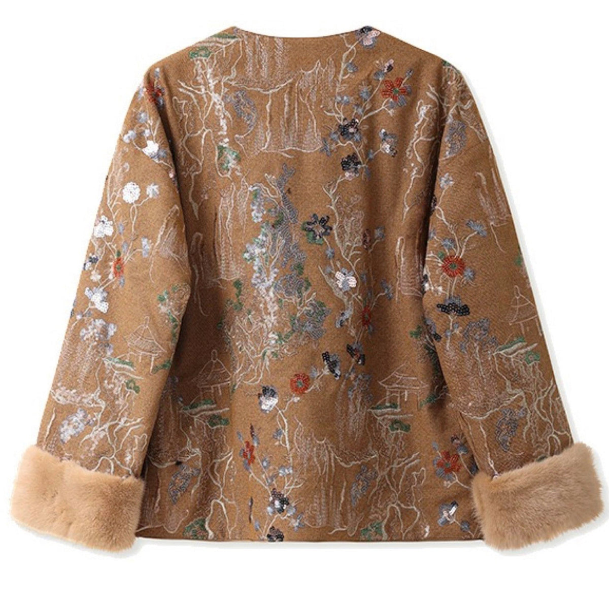 Brown floral-patterned jacket with fur trim on a white background