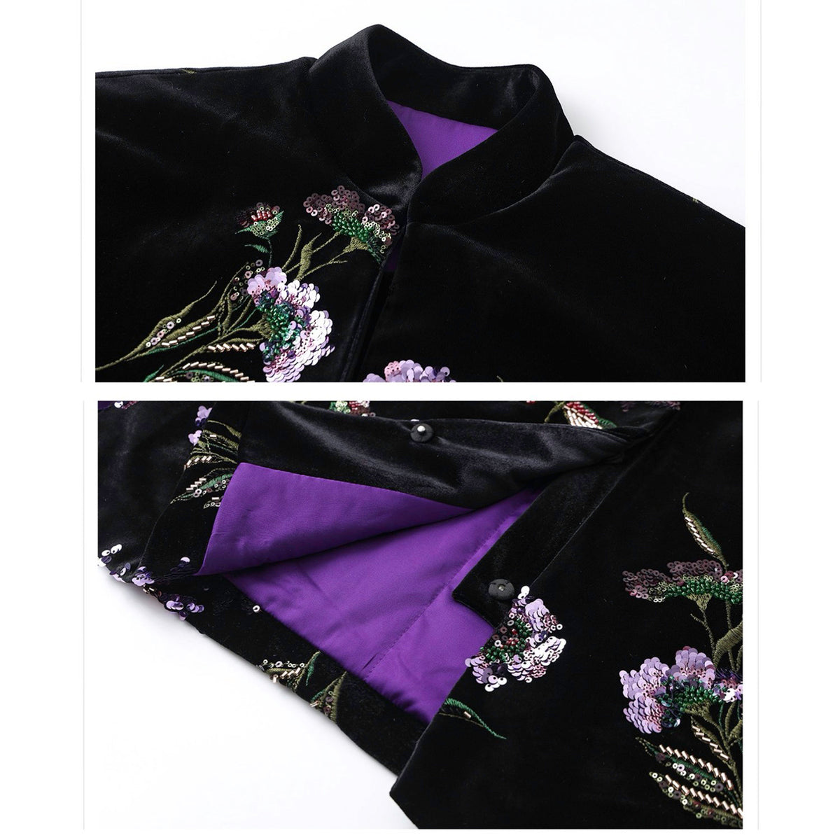Black velvet garment with floral embroidery and purple lining