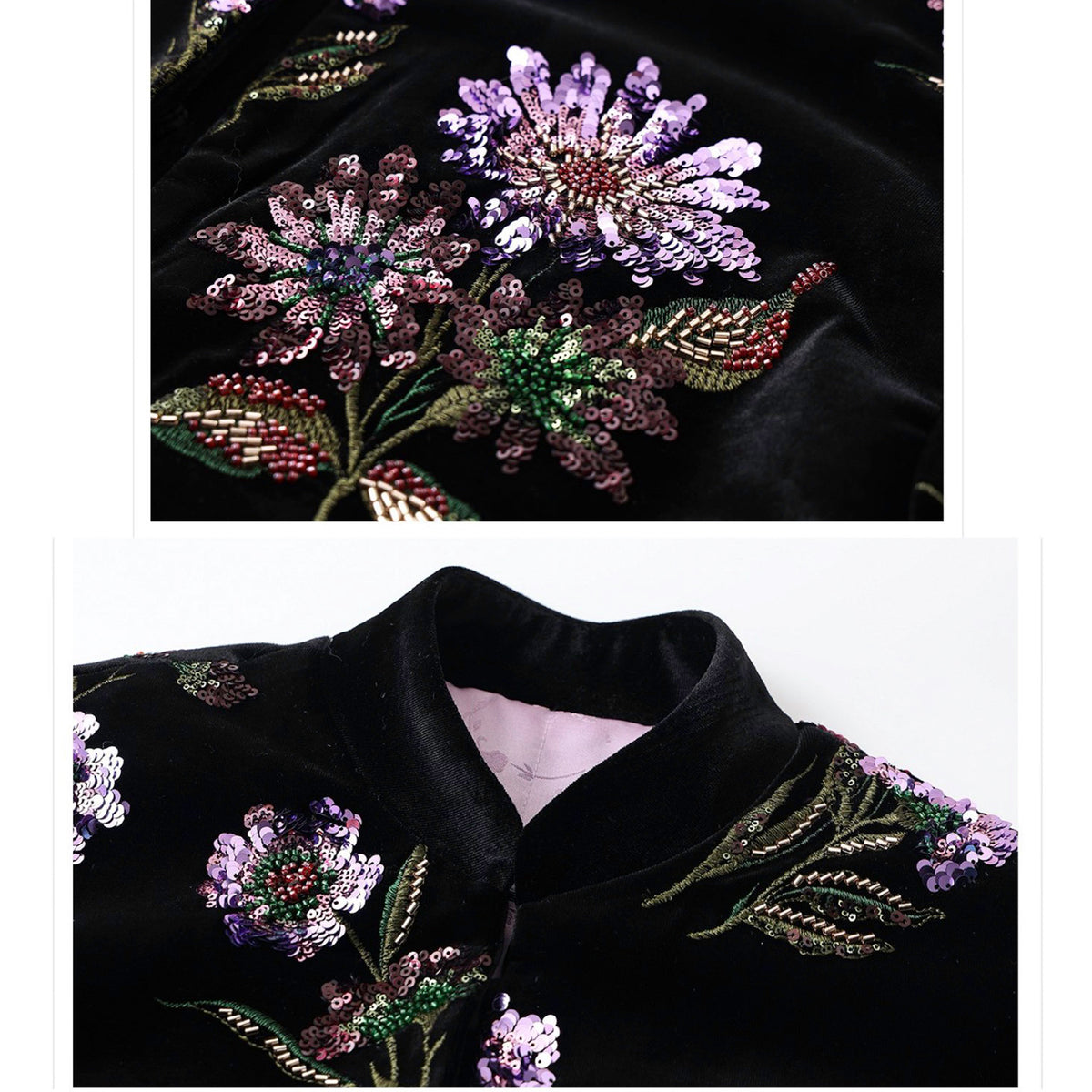 Black garment with floral embroidery featuring purple flowers and green leaves.