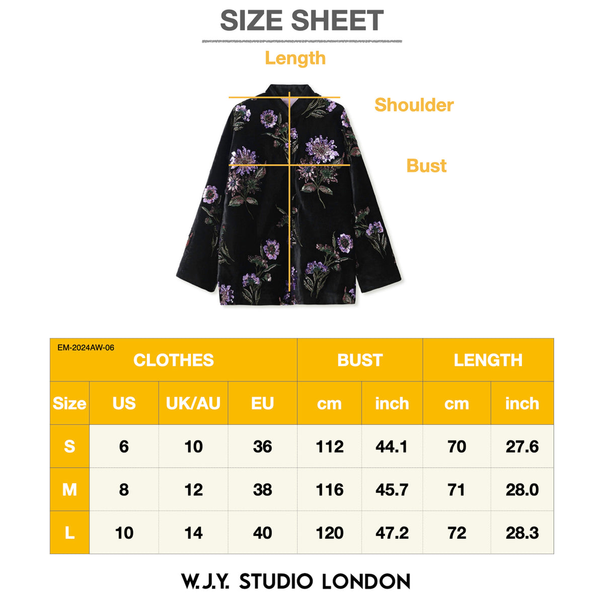 Size sheet for a black floral jacket with measurements and W.J.Y. Studio London branding.