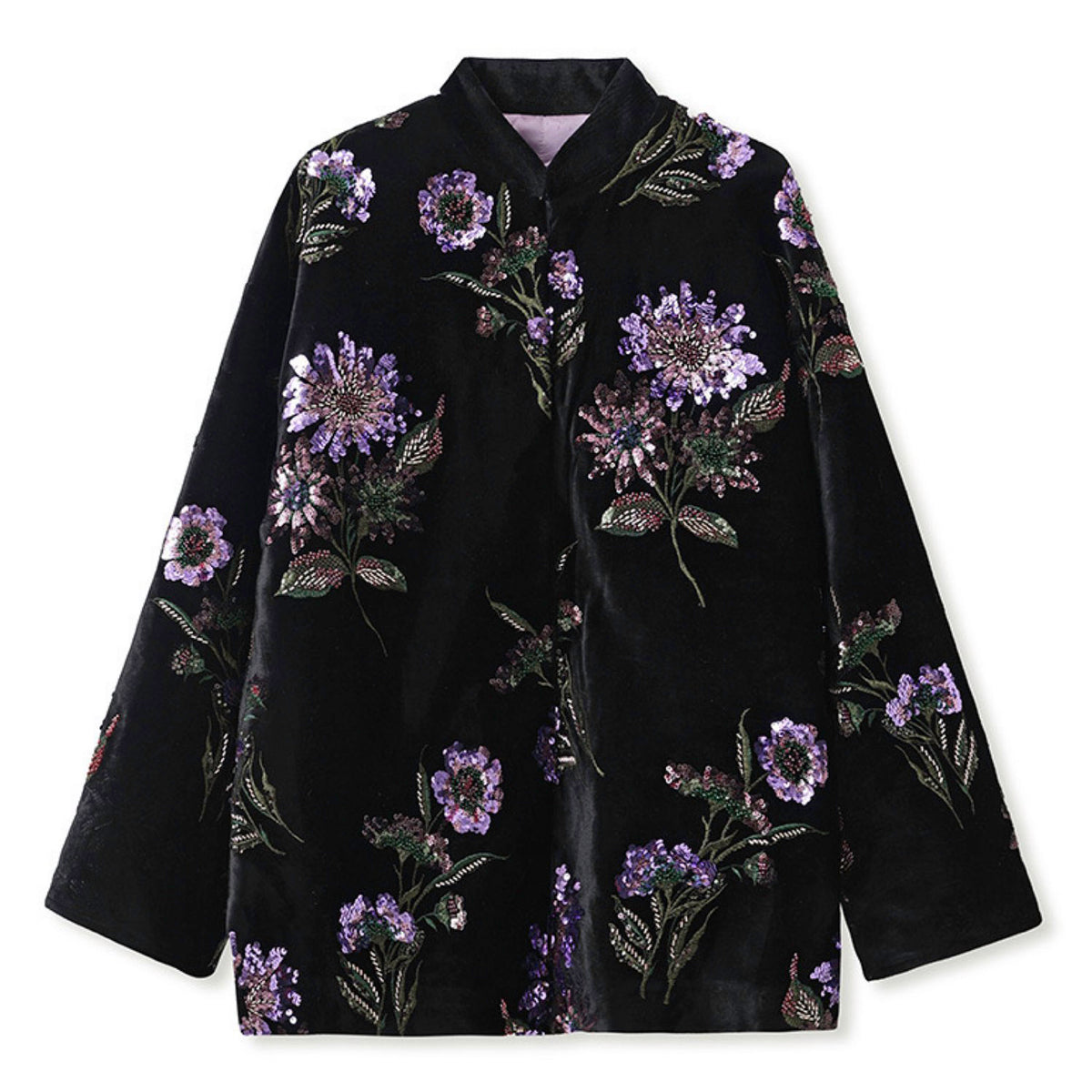 Black floral embroidered jacket on a white background