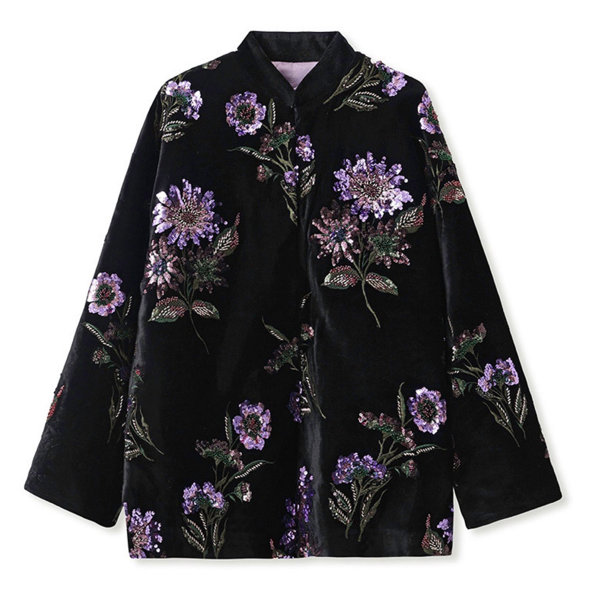 Black floral embroidered jacket on a white background