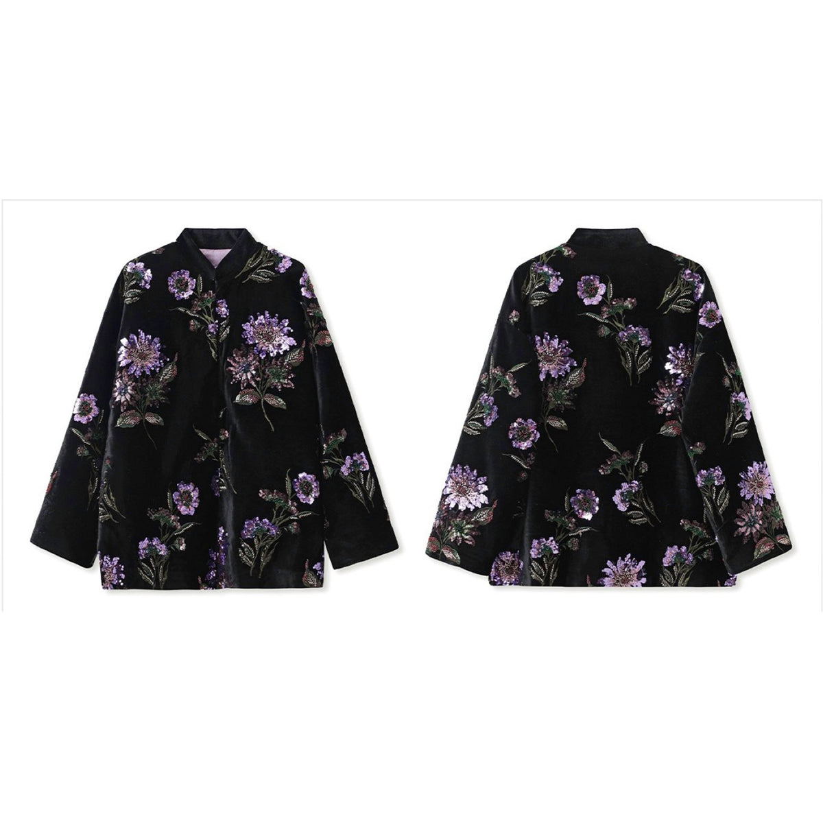 Black floral jacket shown from front and back on a white background