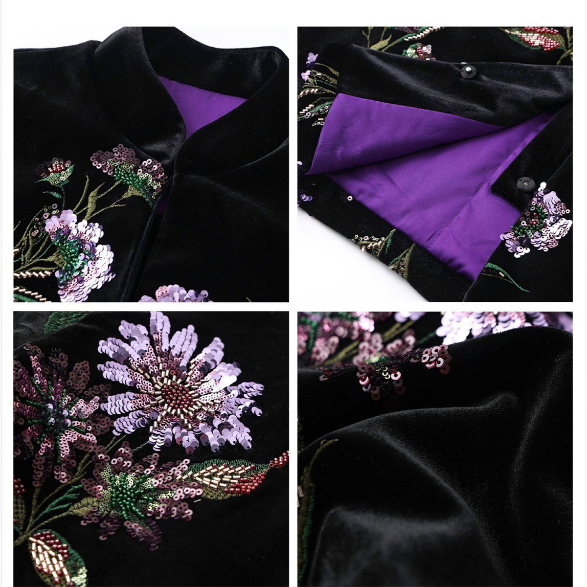 Collage of black fabric with purple floral embroidery and sequin details.