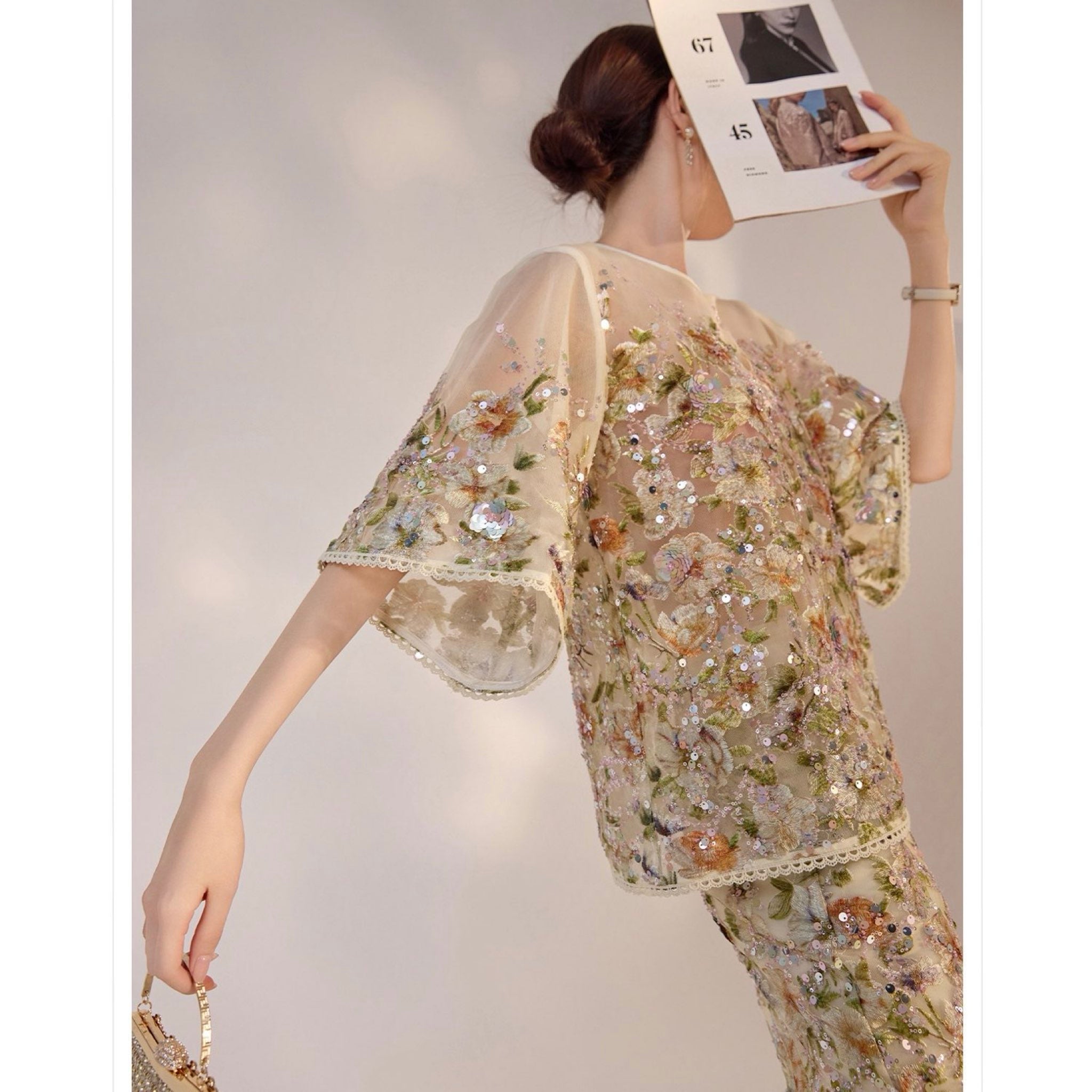 WJY STUDIO - White Floral Embroidered Shirt Top, buy at DOORS NYC