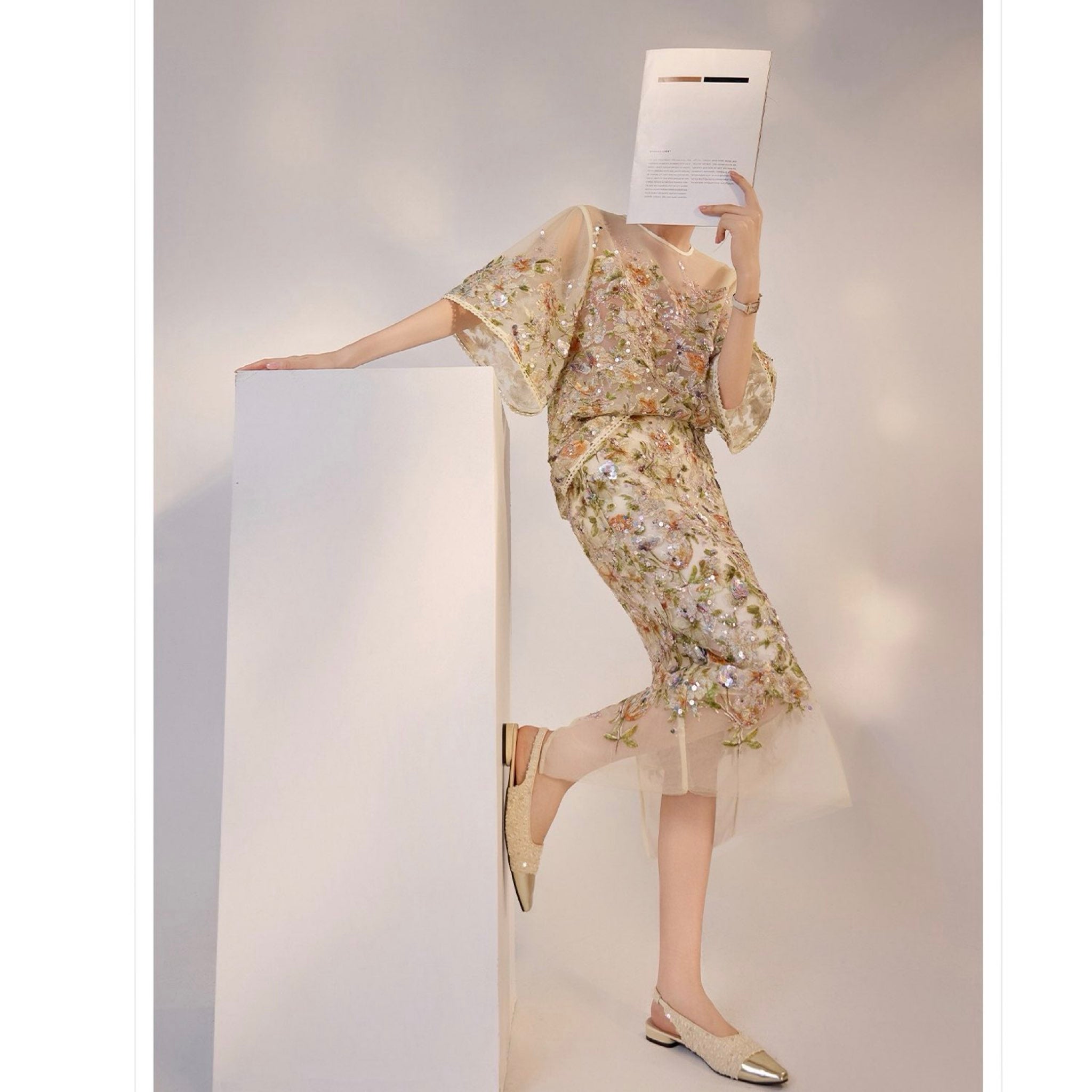 WJY STUDIO - White Floral Embroidered Skirt, buy at DOORS NYC