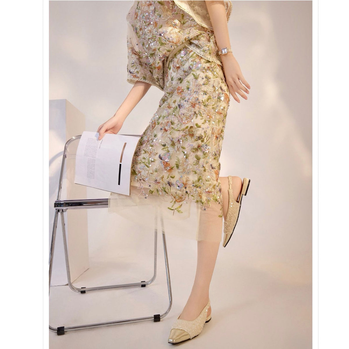 WJY STUDIO - White Floral Embroidered Skirt, buy at DOORS NYC