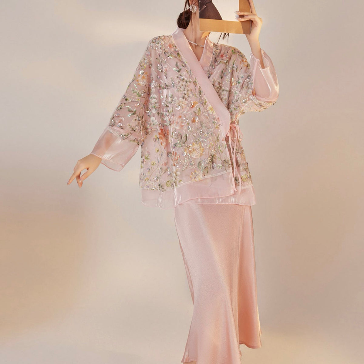 WJY STUDIO - Pink Floral Embroidered Cardigan Top, buy at DOORS NYC