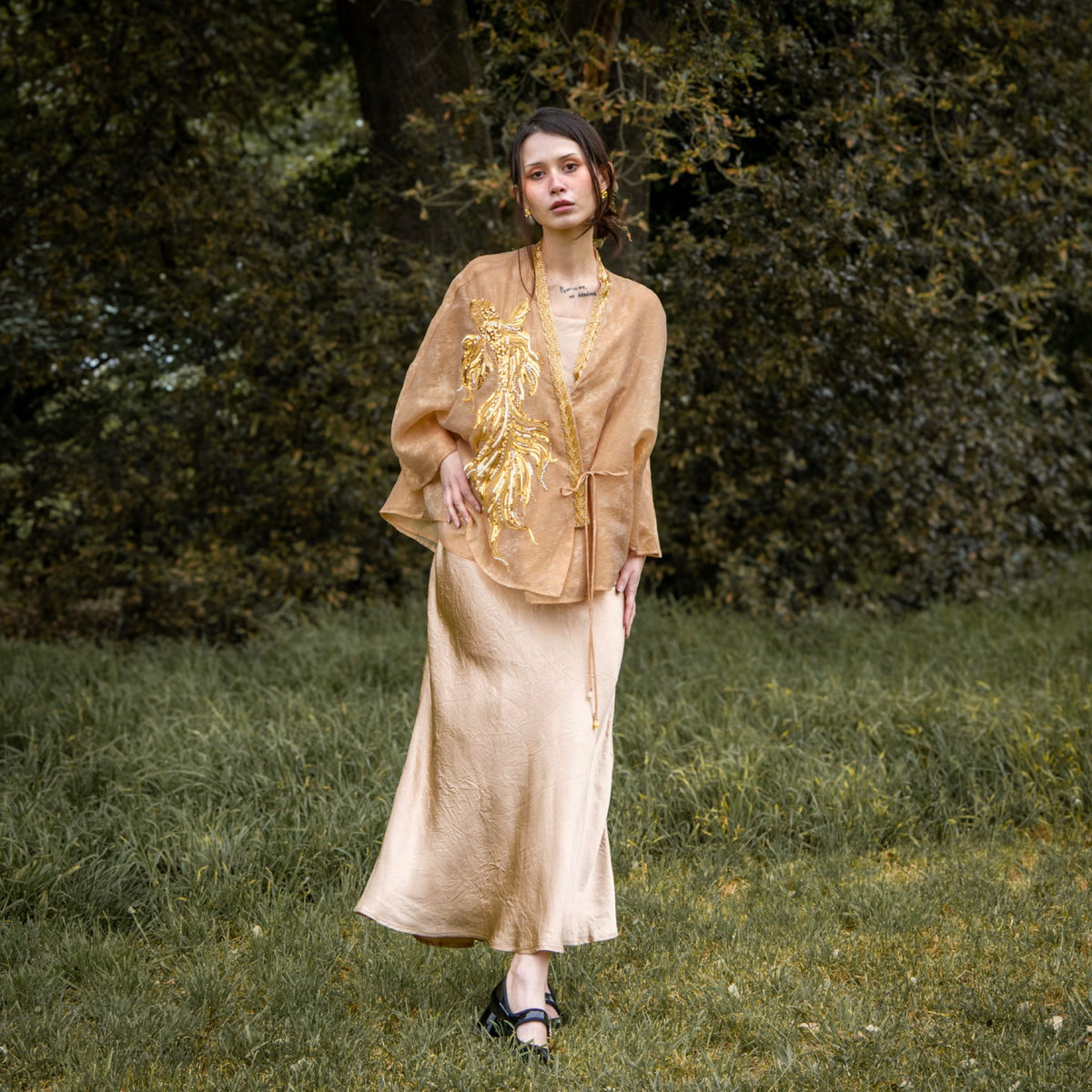 WJY STUDIO - Champagne Embroidered Cropped Jacket, buy at DOORS NYC