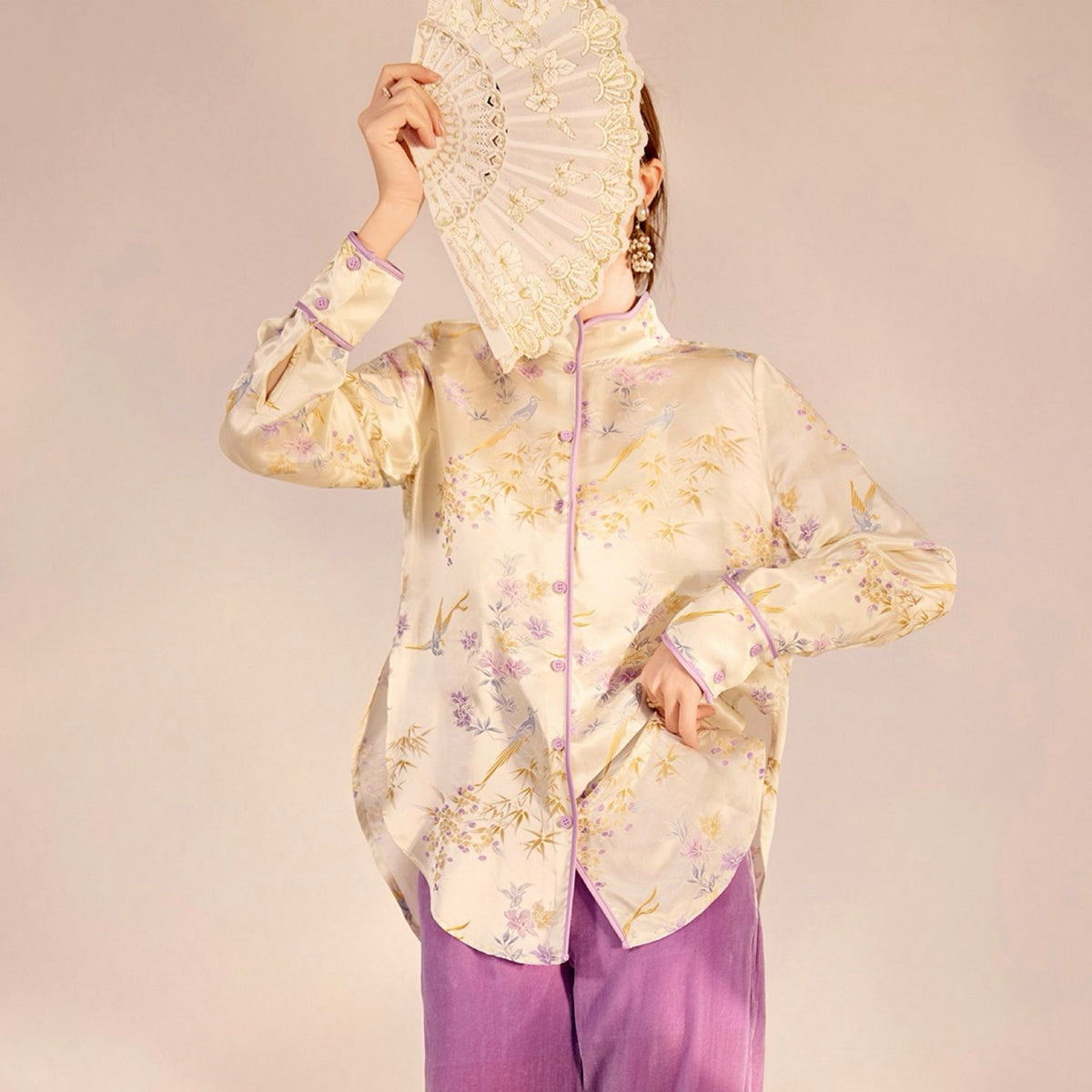 WJY STUDIO - White Embroidered Stand Collar Shirt, buy at DOORS NYC