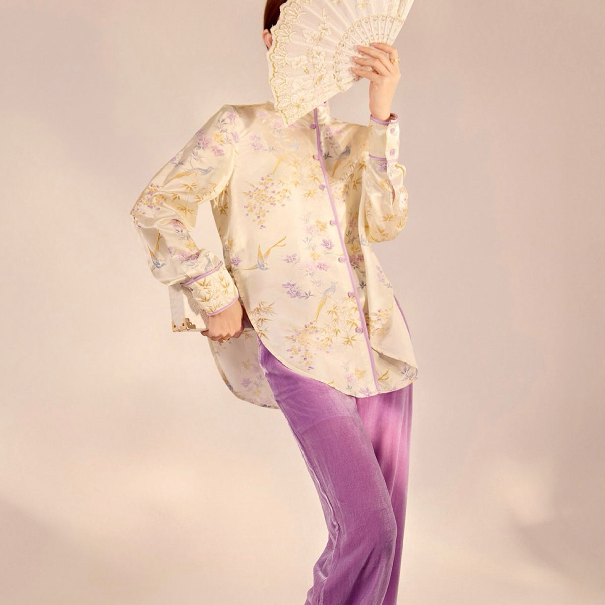 WJY STUDIO - White Embroidered Stand Collar Shirt, buy at DOORS NYC