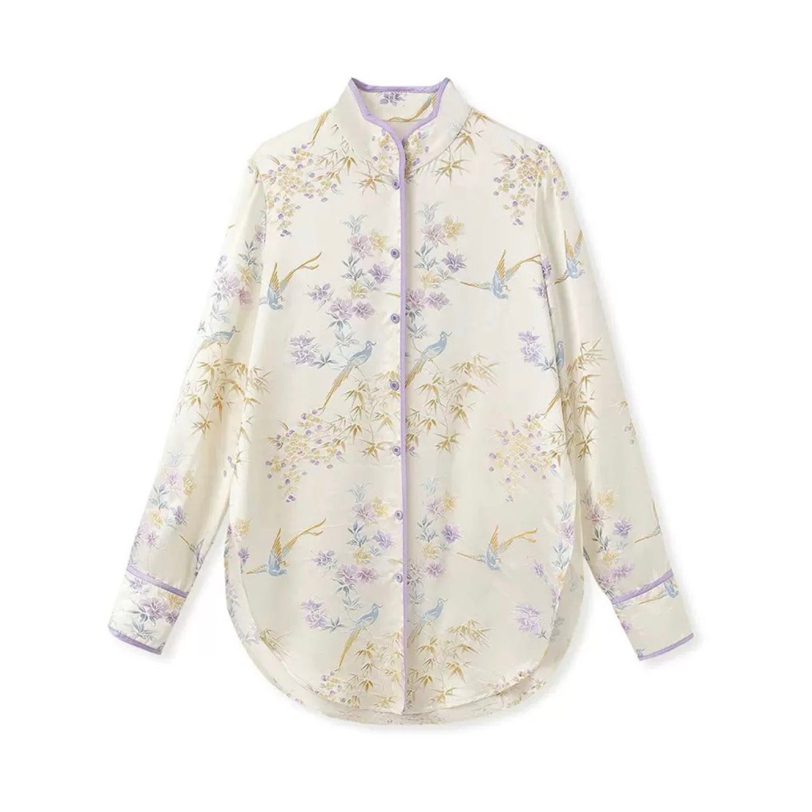 White Embroidered Stand Collar Shirt