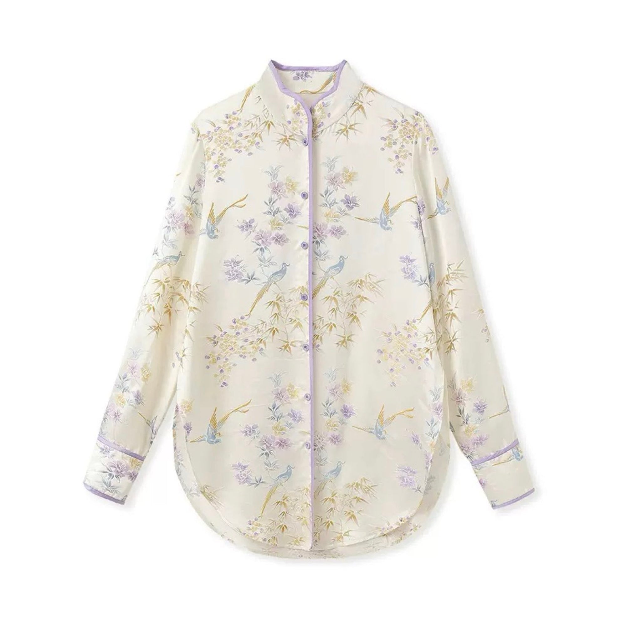 White Embroidered Stand Collar Shirt