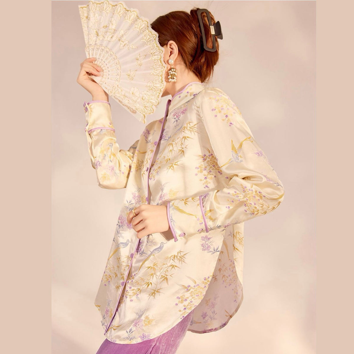 WJY STUDIO - White Embroidered Stand Collar Shirt, buy at DOORS NYC