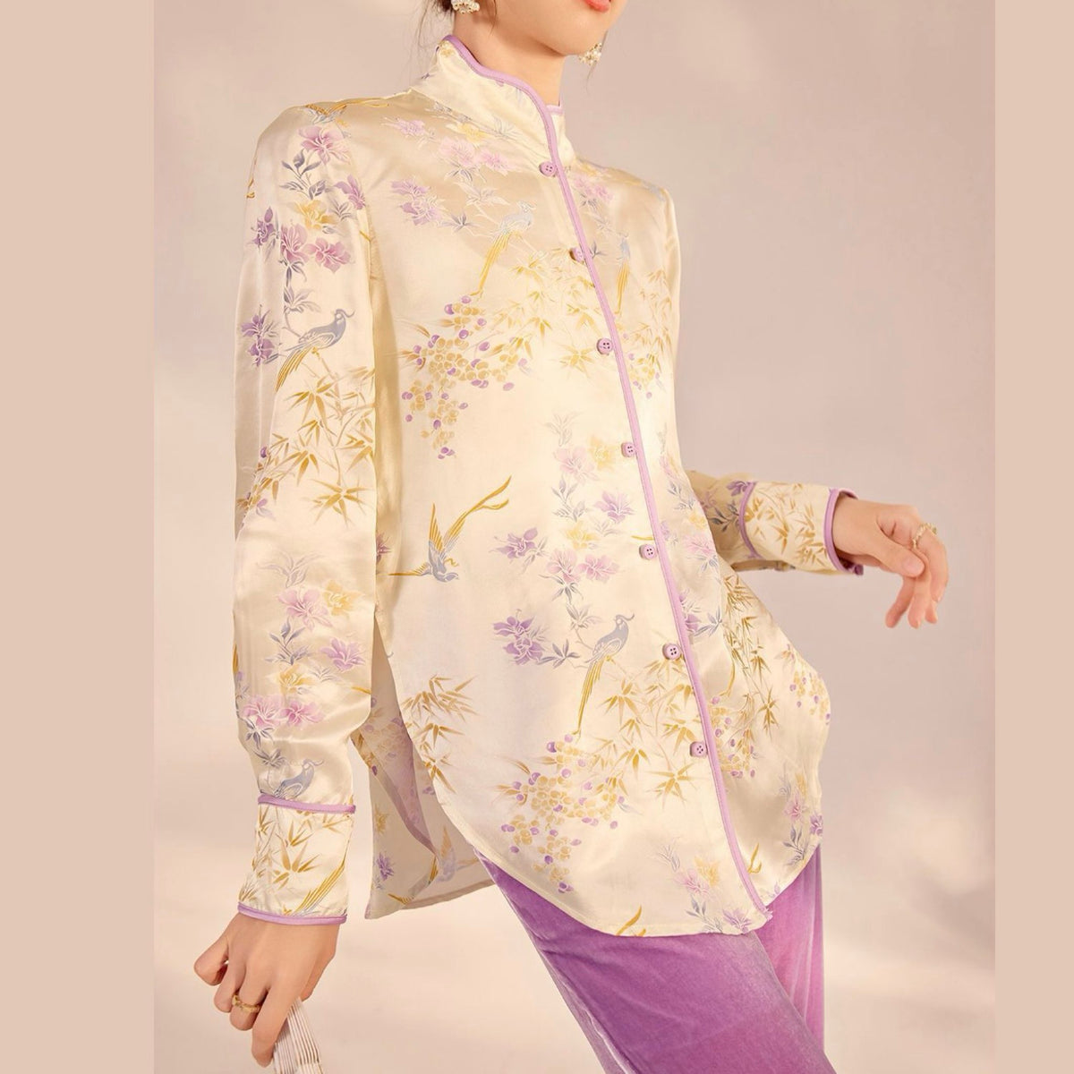 WJY STUDIO - White Embroidered Stand Collar Shirt, buy at DOORS NYC