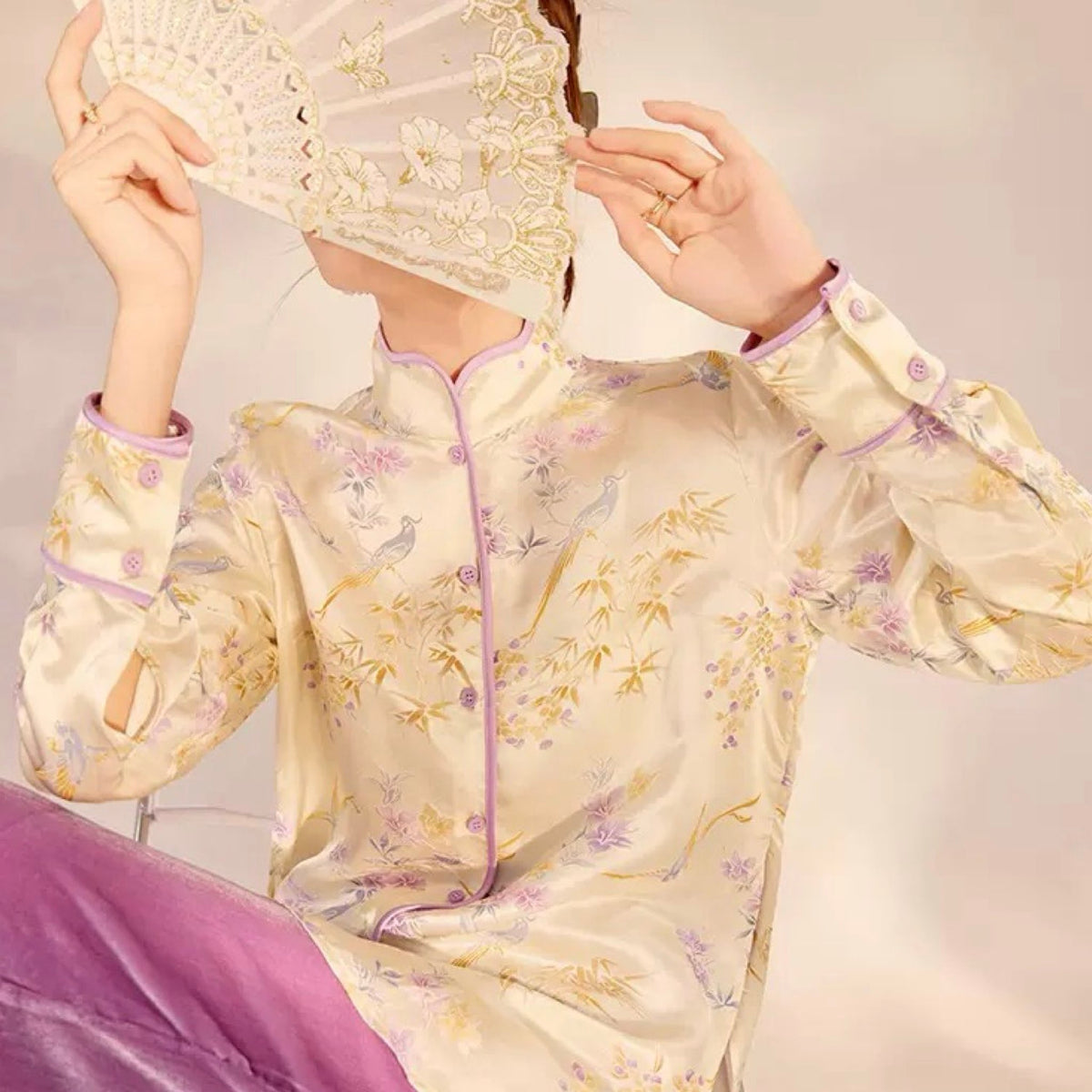 WJY STUDIO - White Embroidered Stand Collar Shirt, buy at DOORS NYC