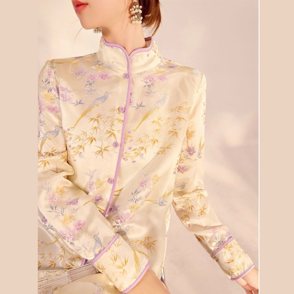 WJY STUDIO - White Embroidered Stand Collar Shirt, buy at DOORS NYC