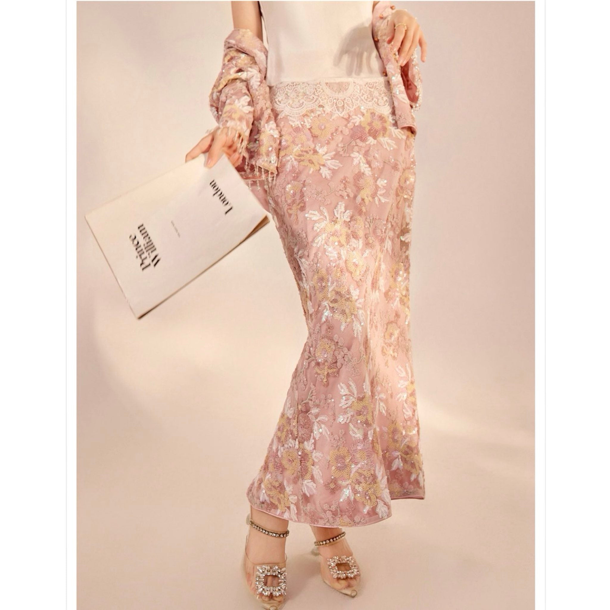 WJY STUDIO - 3D Pink Flower Embroidered Skirt, buy at DOORS NYC