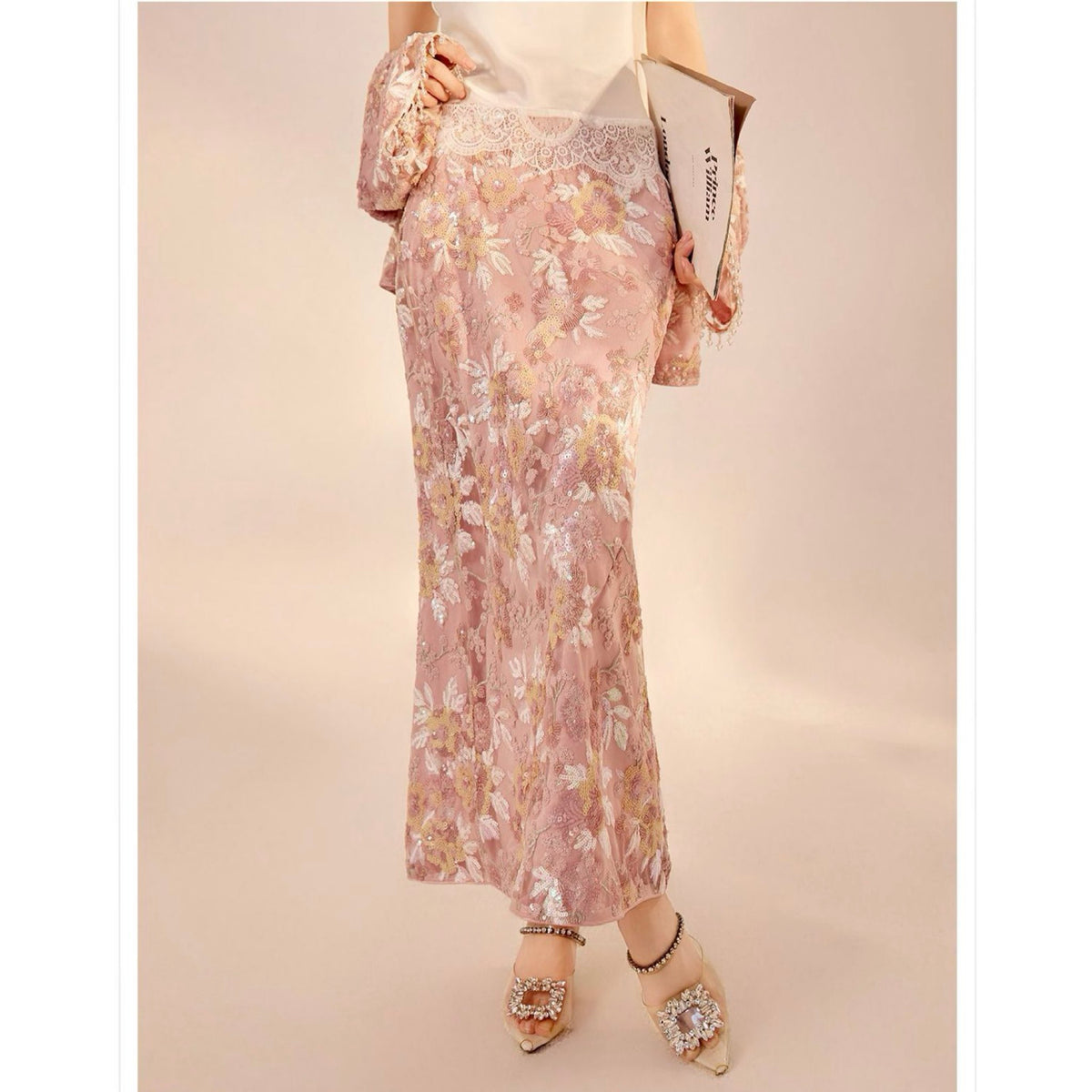 WJY STUDIO - 3D Pink Flower Embroidered Skirt, buy at DOORS NYC