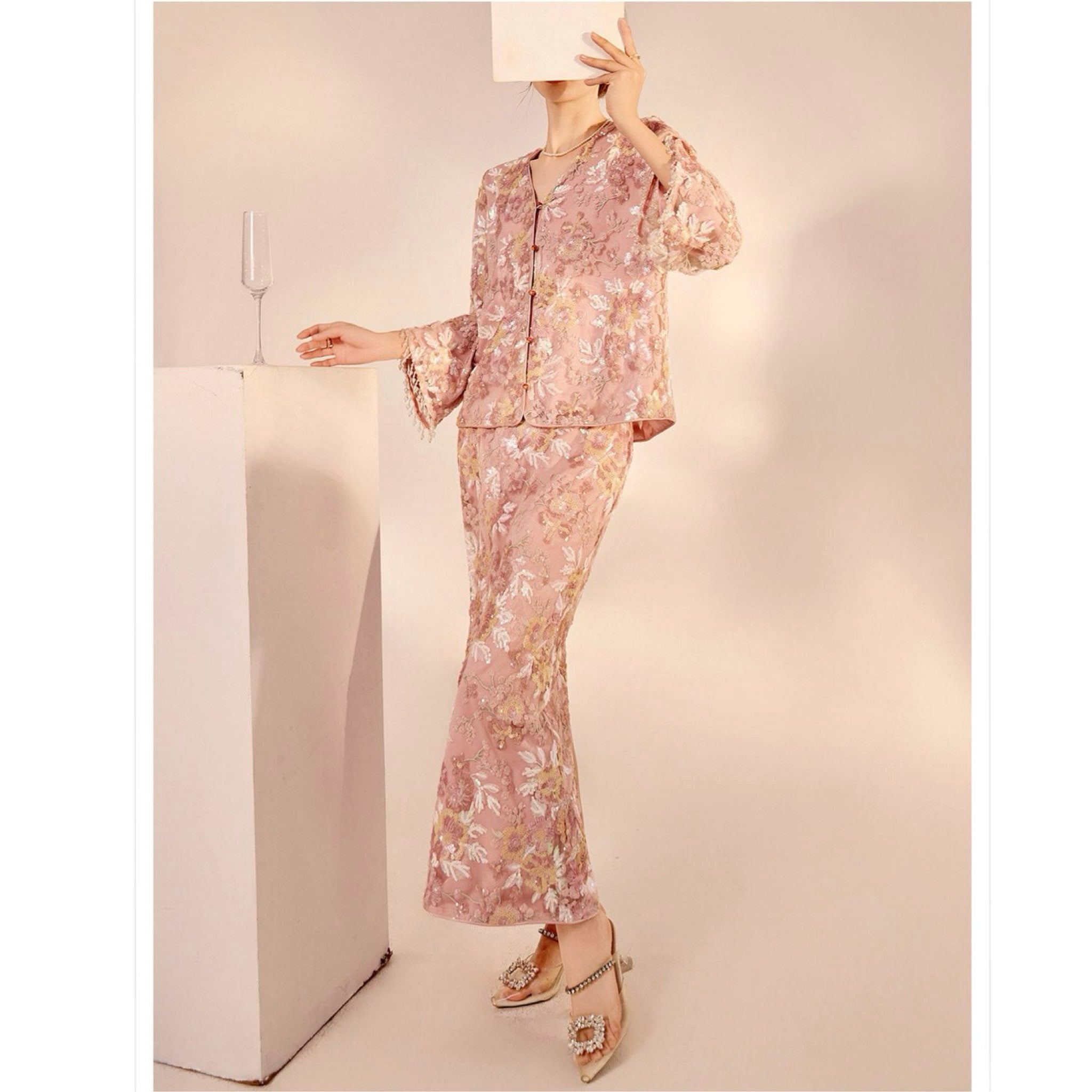 WJY STUDIO - 3D Pink Flower Embroidered Skirt, buy at DOORS NYC