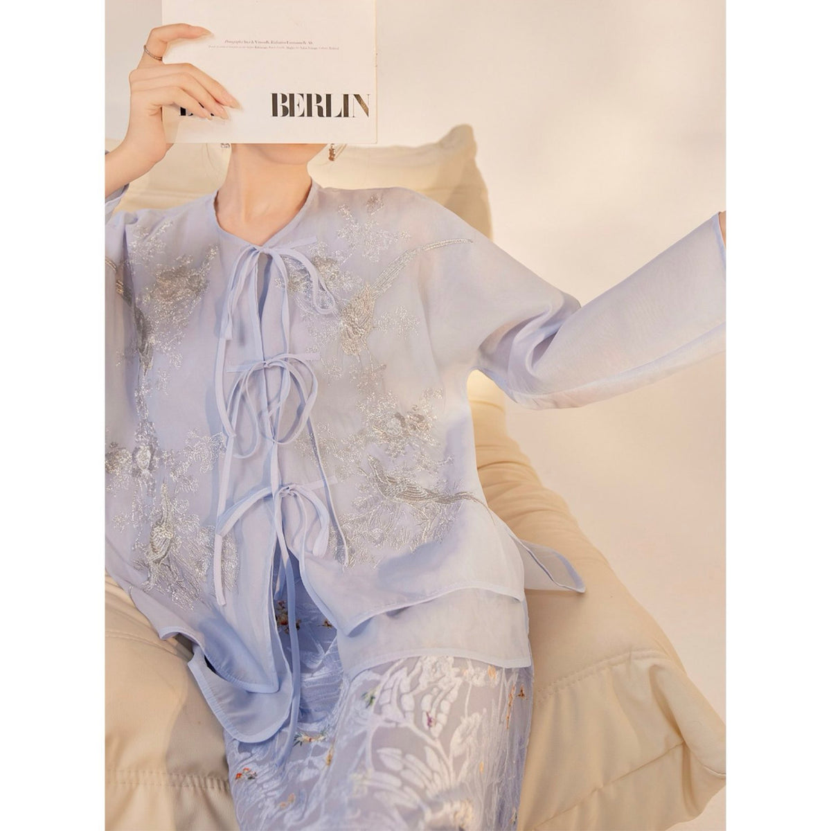 WJY STUDIO - Blue Embroidered Cardigan with 3D Florals, buy at DOORS NYC